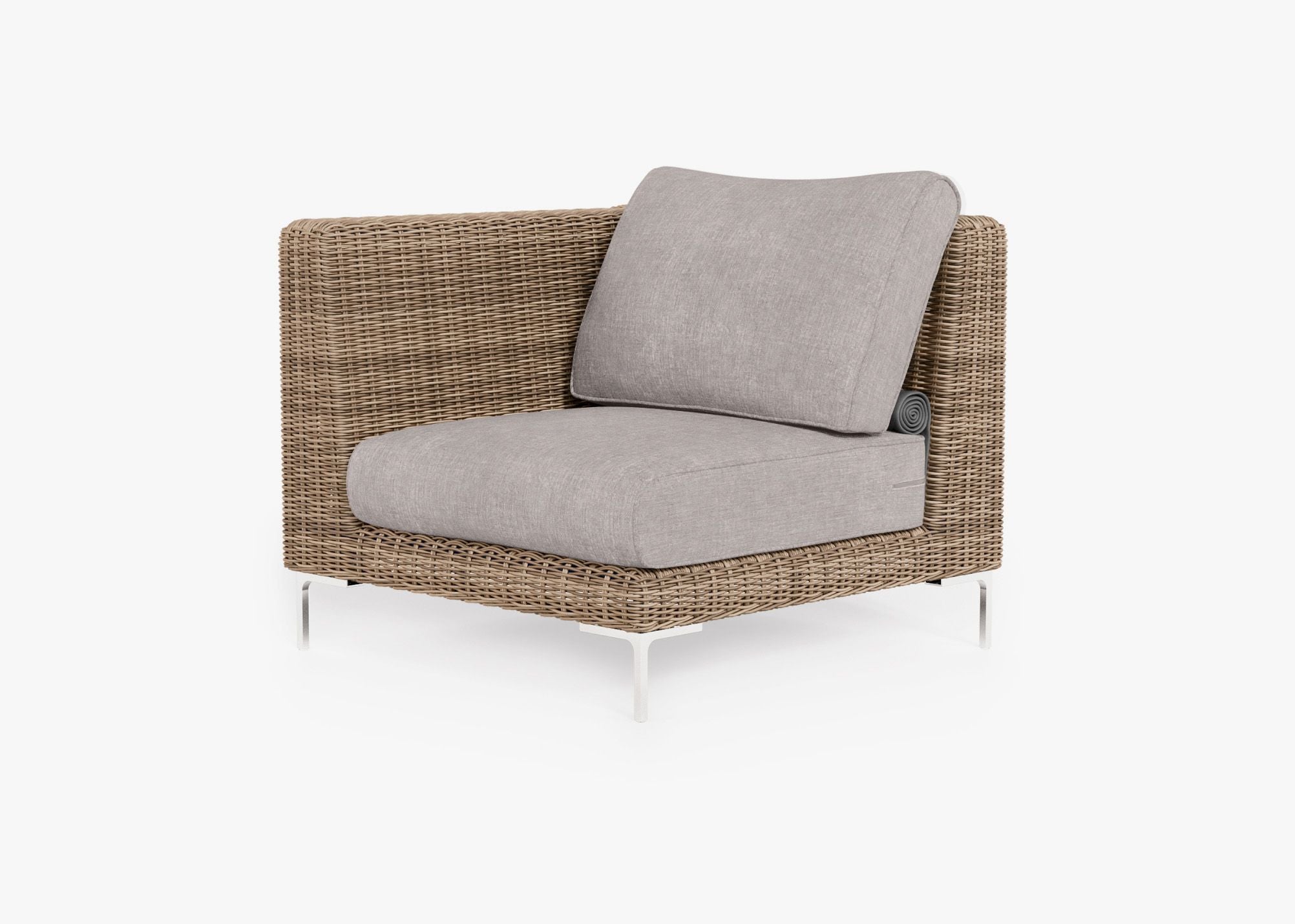 Brown Wicker Outdoor Corner Chair - Left/Right, front. Comfortable, durable, and weather resistant outdoor seating with memory foam. #color_sandstone gray