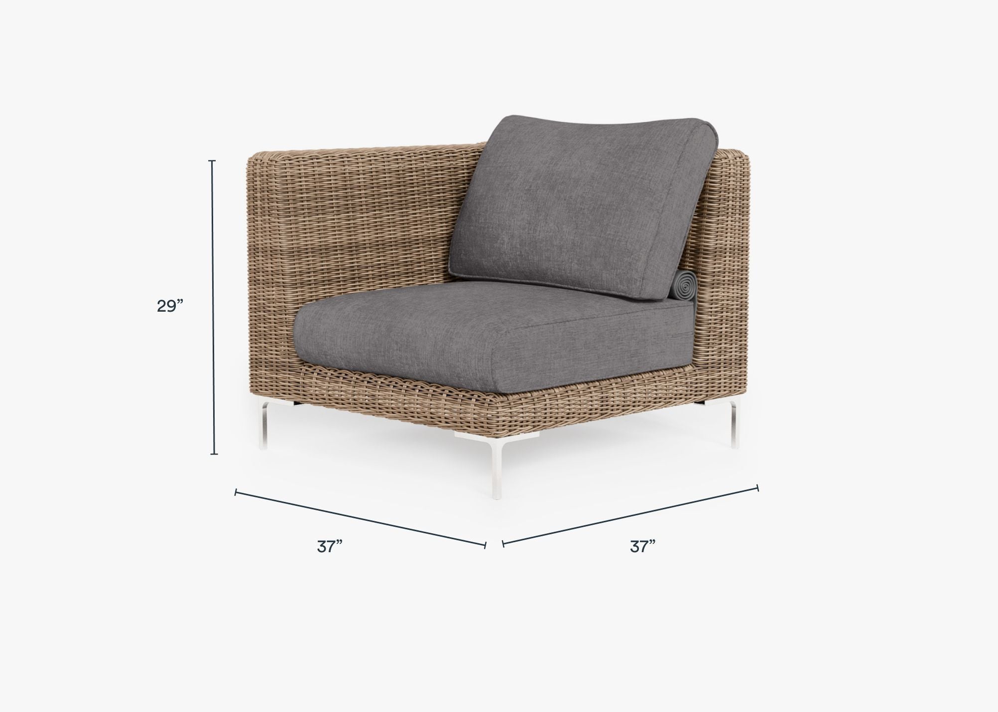 Brown Wicker Outdoor Corner Chair - Left/Right dimensions in inches, also listed under Dimensions and Weights. #color_dark pebble gray