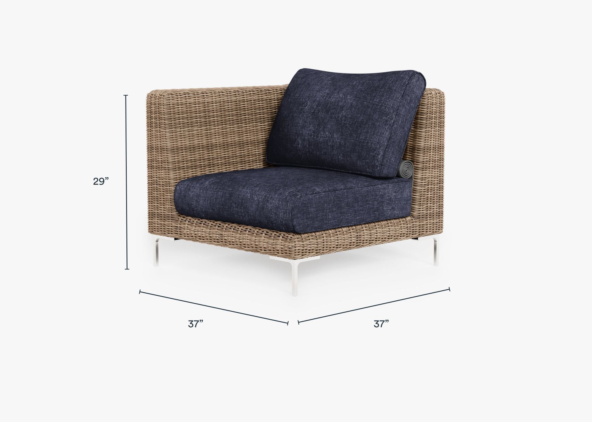 Brown Wicker Outdoor Corner Chair - Left/Right dimensions in inches, also listed under Dimensions and Weights. #color_deep sea navy