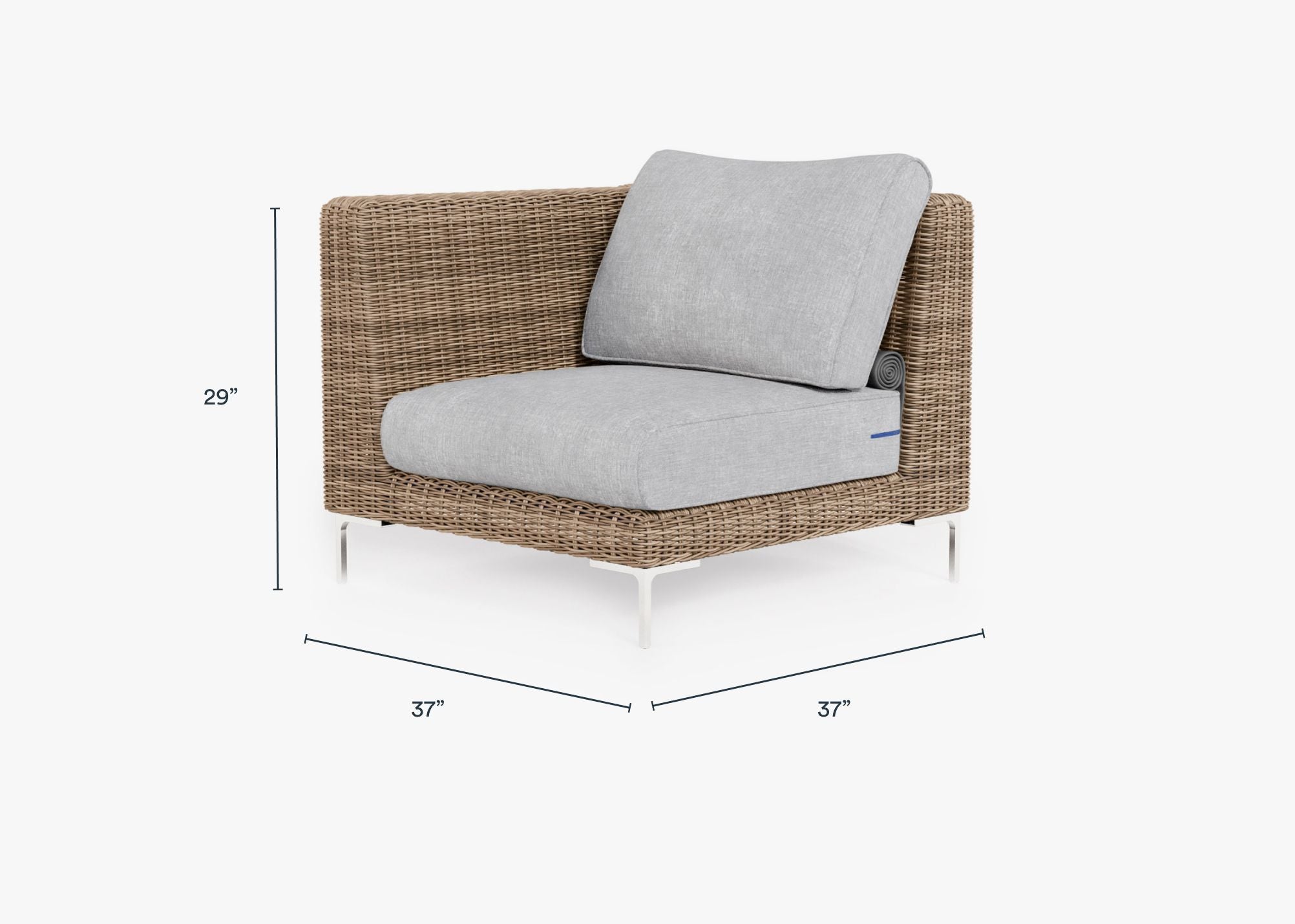 Brown Wicker Outdoor Corner Chair - Left/Right dimensions in inches, also listed under Dimensions and Weights. #color_pacific fog gray