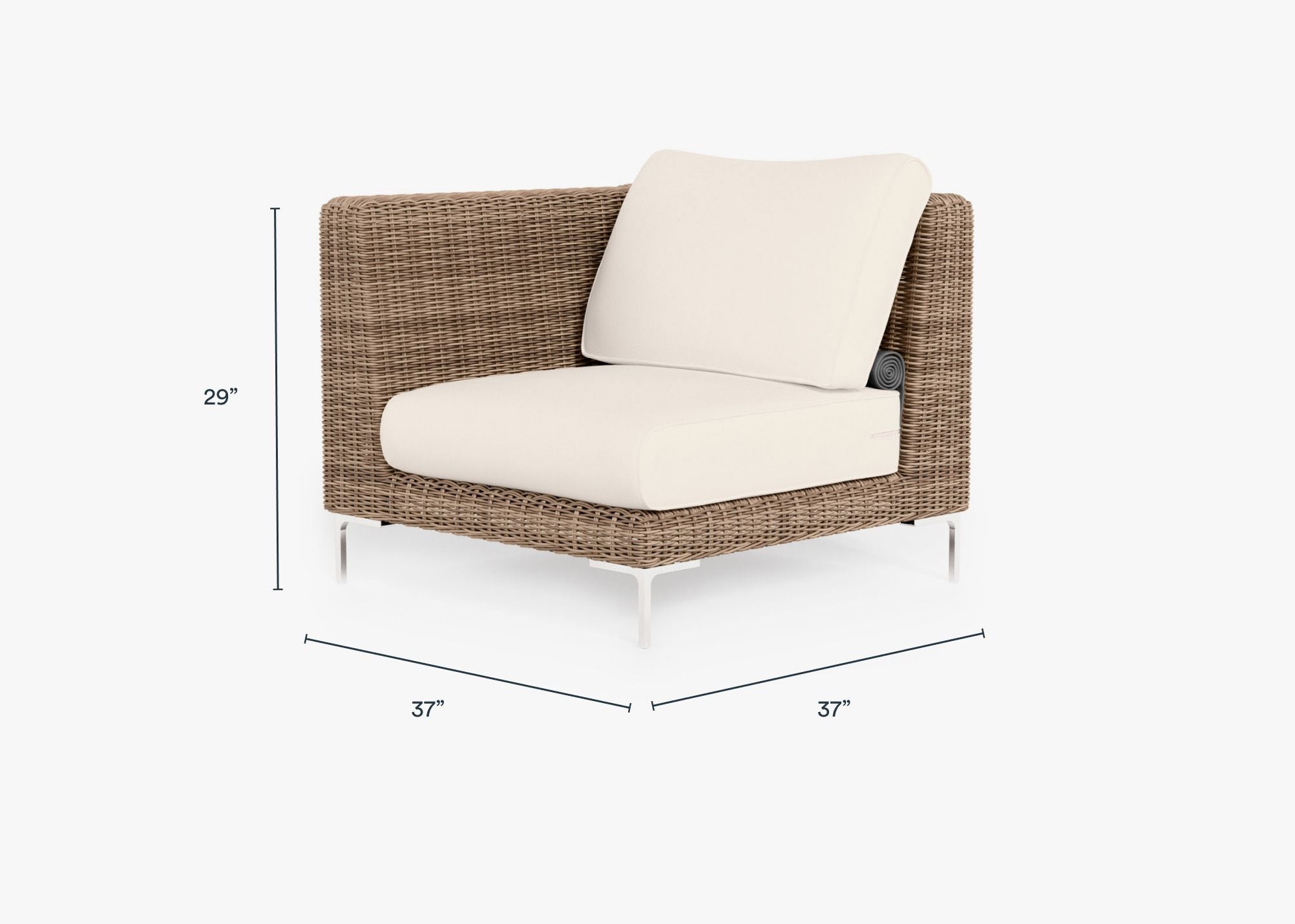 Brown Wicker Outdoor Corner Chair - Left/Right dimensions in inches, also listed under Dimensions and Weights. #color_palisades cream