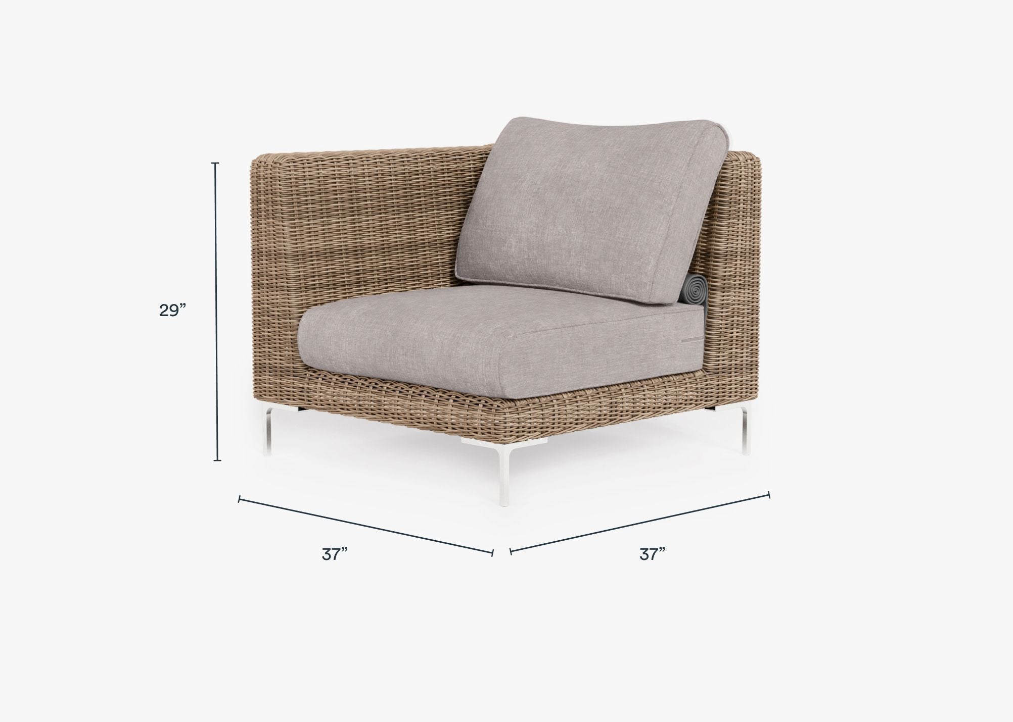 Brown Wicker Outdoor Corner Chair - Left/Right dimensions in inches, also listed under Dimensions and Weights. #color_sandstone gray