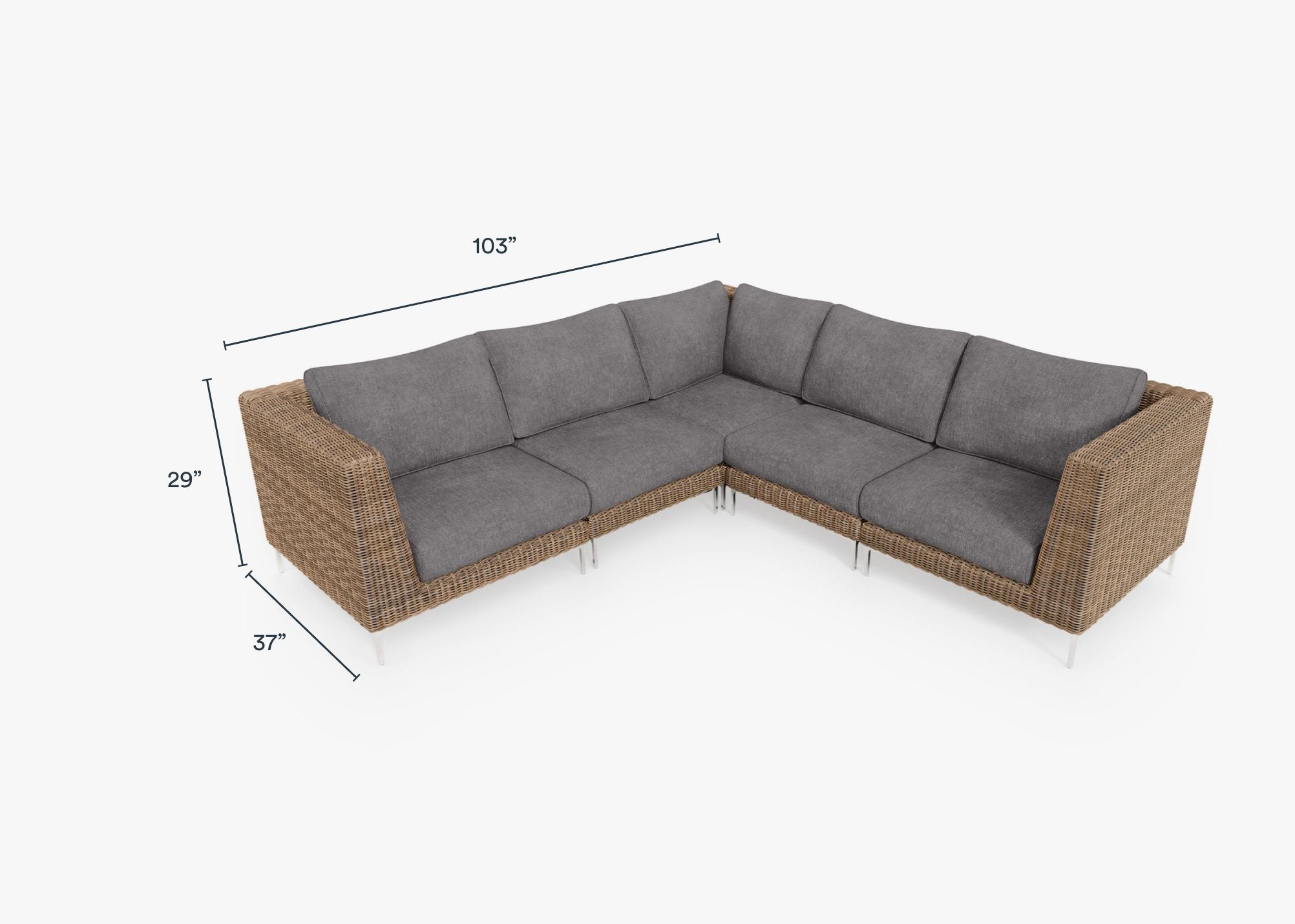 Brown Wicker Outdoor Corner Sectional - 5 Seat dimensions in inches, also listed under Dimensions and Weights. #color_dark pebble gray