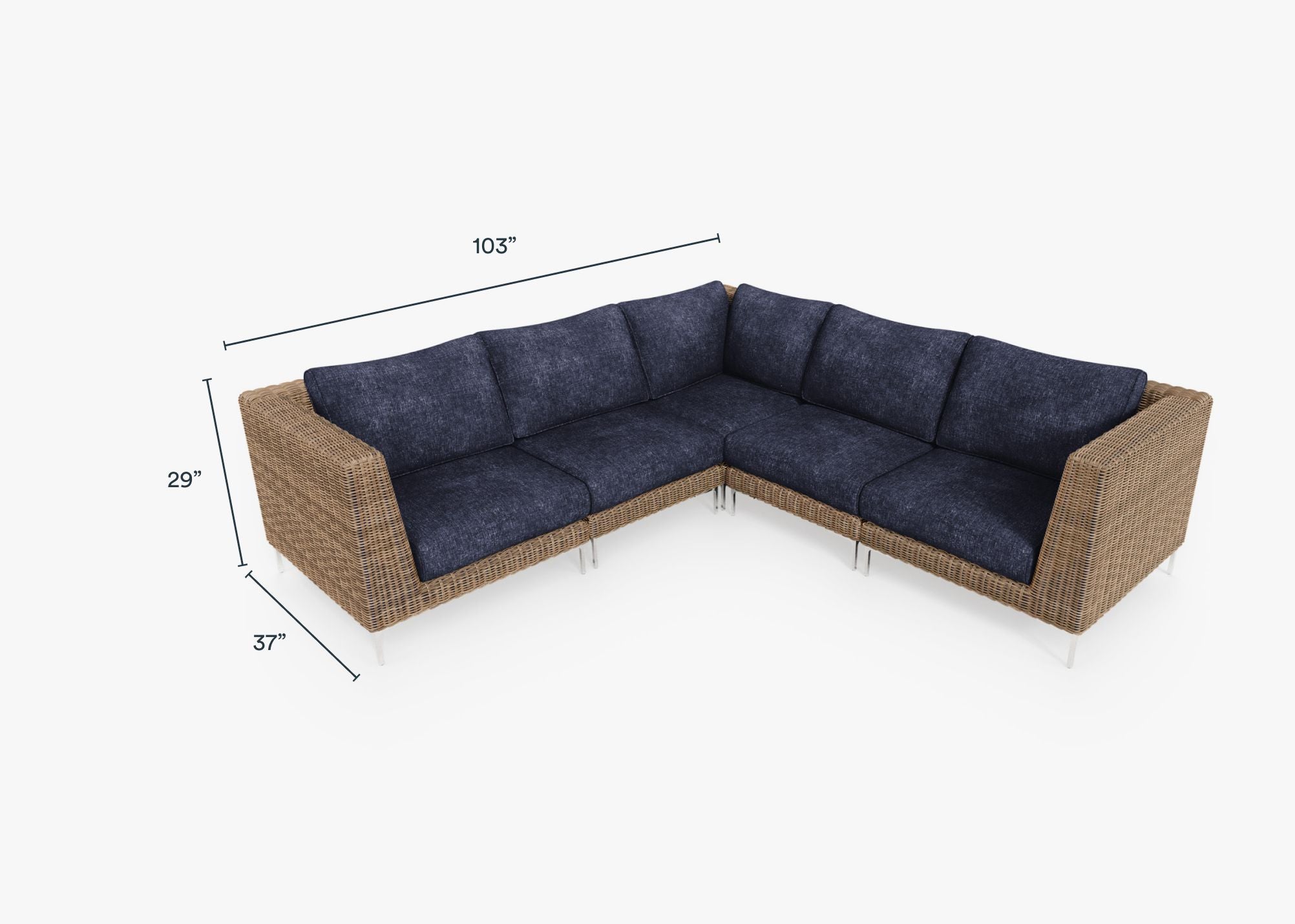 Brown Wicker Outdoor Corner Sectional - 5 Seat dimensions in inches, also listed under Dimensions and Weights. #color_deep sea navy