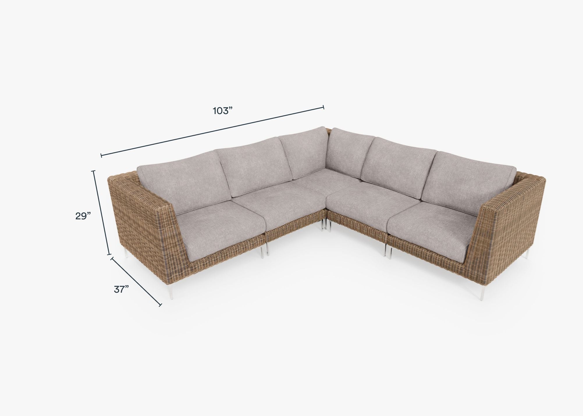Brown Wicker Outdoor Corner Sectional - 5 Seat dimensions in inches, also listed under Dimensions and Weights. #color_sandstone gray