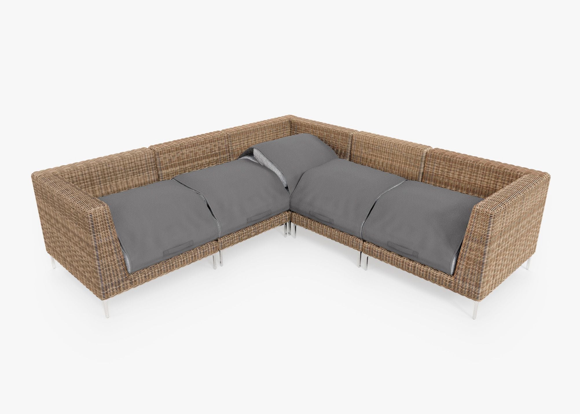 Brown Wicker Outdoor Corner Sectional - 5 Seat shown with the OuterShell outdoor cushion cover, offering exclusive integrated protection. #color_pacific fog gray