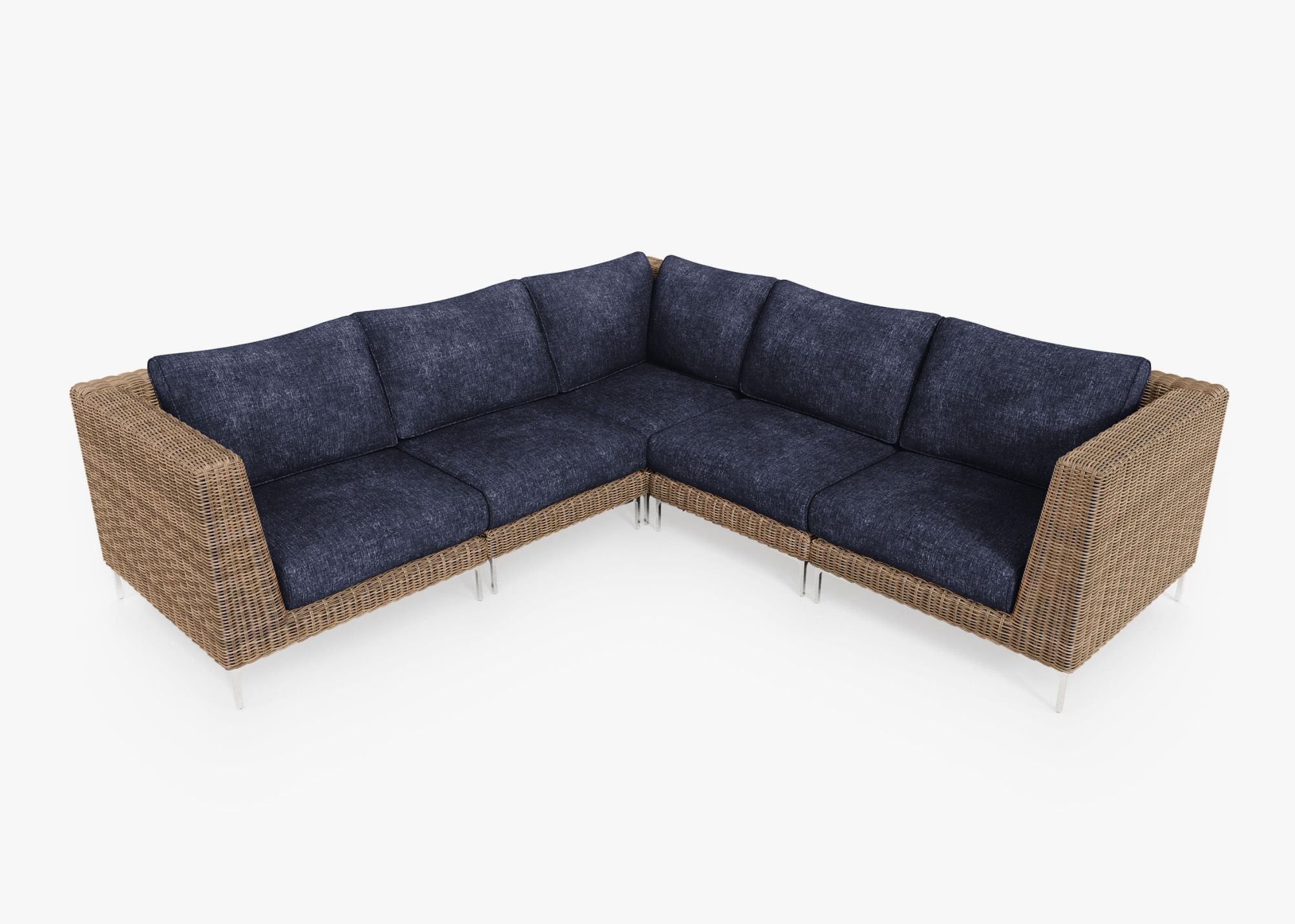Brown Wicker Outdoor Corner Sectional - 5 Seat, front. Comfortable, durable, and weather resistant outdoor seating with memory foam. #color_deep sea navy