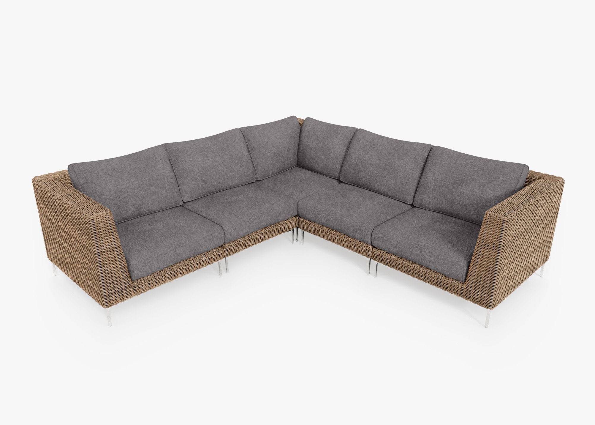 Brown Wicker Outdoor Corner Sectional - 5 Seat, front. Comfortable, durable, and weather resistant outdoor seating with memory foam. #color_dark pebble gray