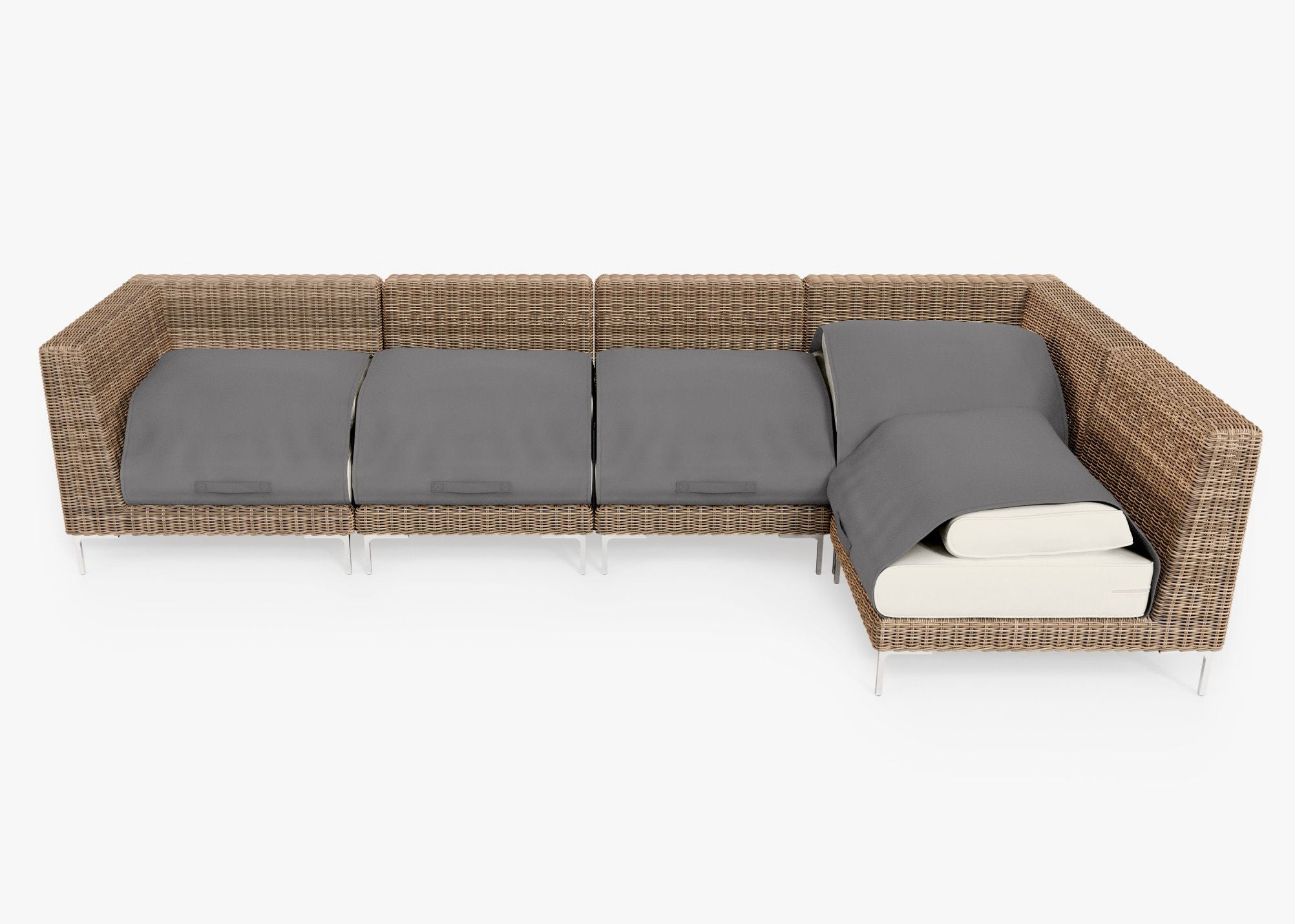 Brown Wicker Outdoor L Sectional - 5 Seat shown with the OuterShell outdoor cushion cover, offering exclusive integrated protection. #color_palisades cream