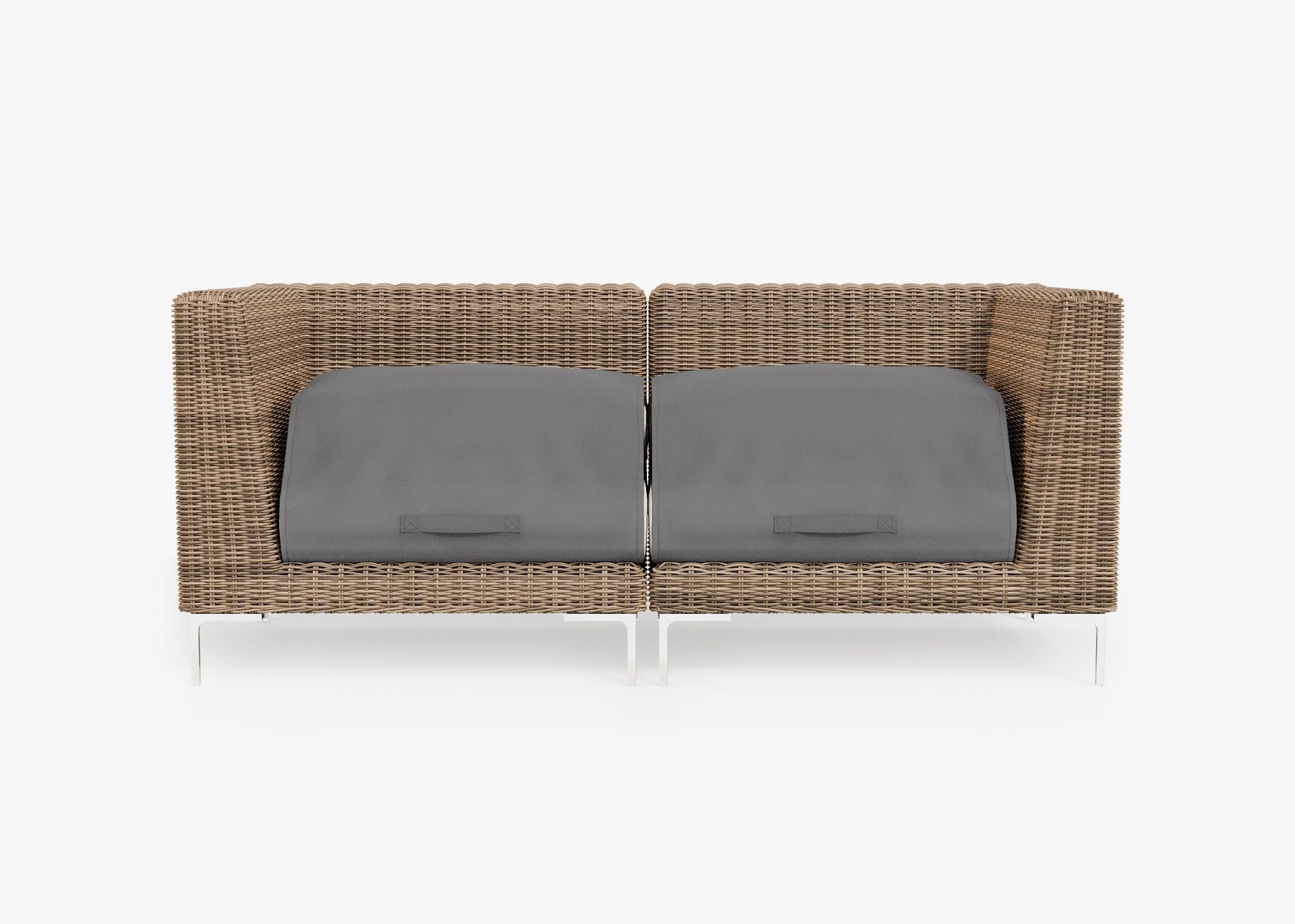 Brown Wicker Outdoor Loveseat shown with the OuterShell outdoor cushion cover, offering exclusive integrated protection. #color_palisades cream