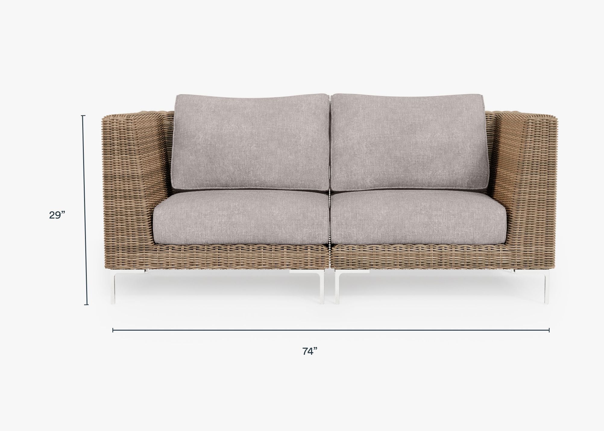 Brown Wicker Outdoor Loveseat dimensions in inches, also listed under Dimensions and Weights. #color_sandstone gray