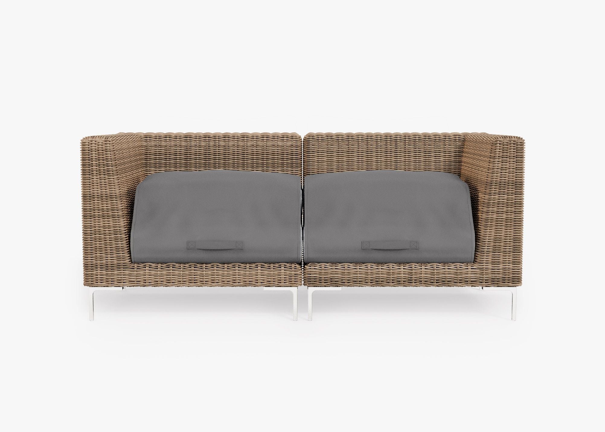 Brown Wicker Outdoor Loveseat shown with the OuterShell outdoor cushion cover, offering exclusive integrated protection. #color_pacific fog gray