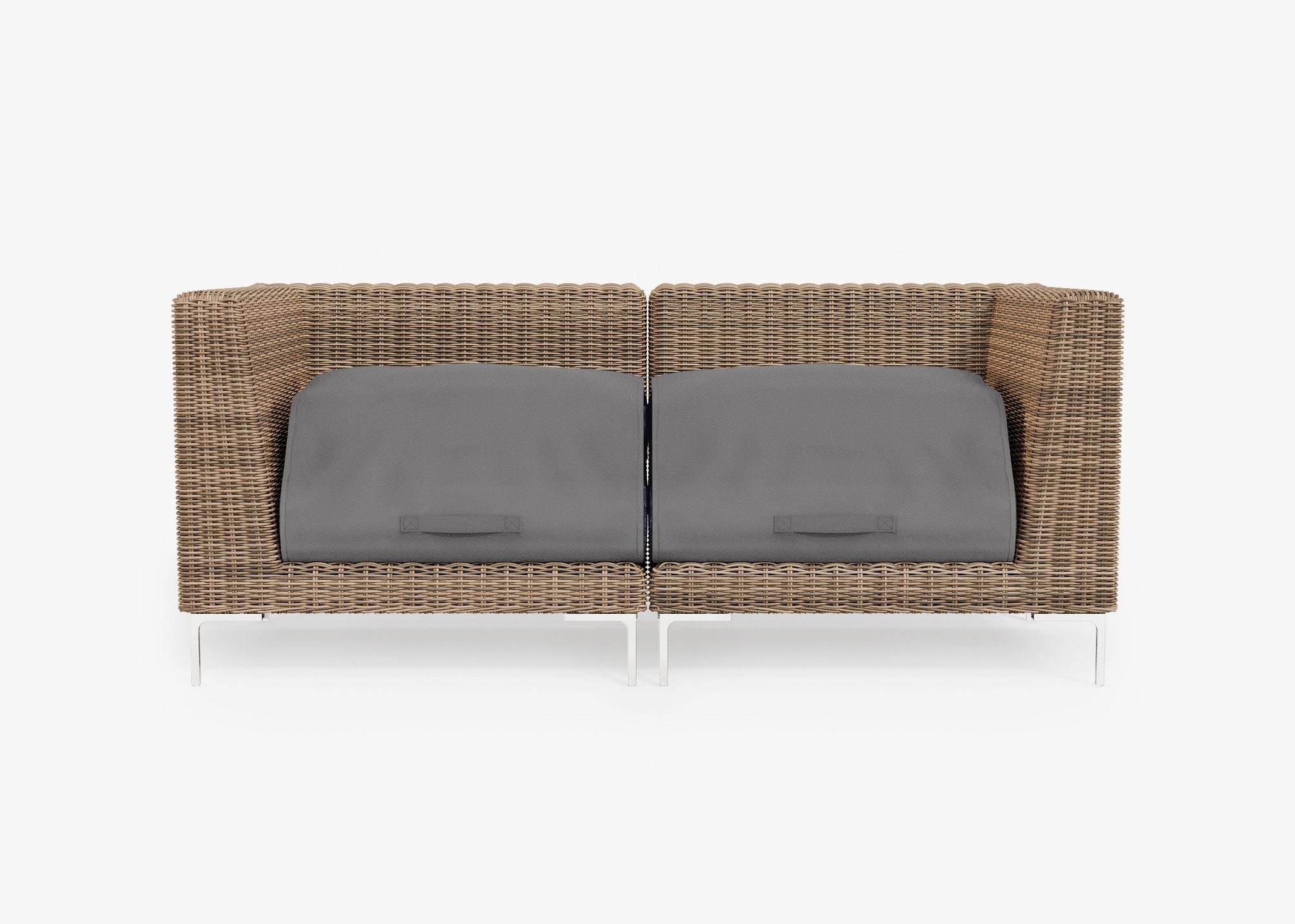 Brown Wicker Outdoor Loveseat shown with the OuterShell outdoor cushion cover, offering exclusive integrated protection. #color_deep sea navy