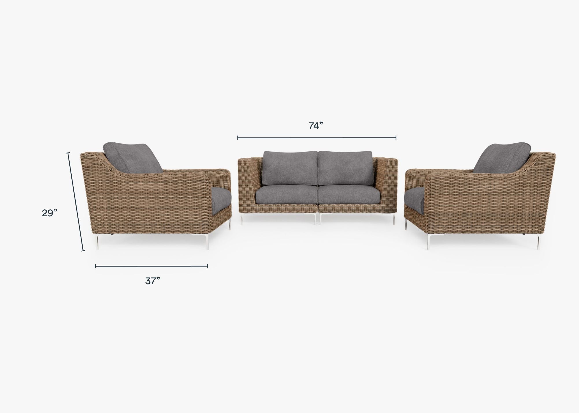 Brown Wicker Outdoor Loveseat with Armchairs - 4 Seat dimensions in inches, also listed under Dimensions and Weights. #color_dark pebble gray