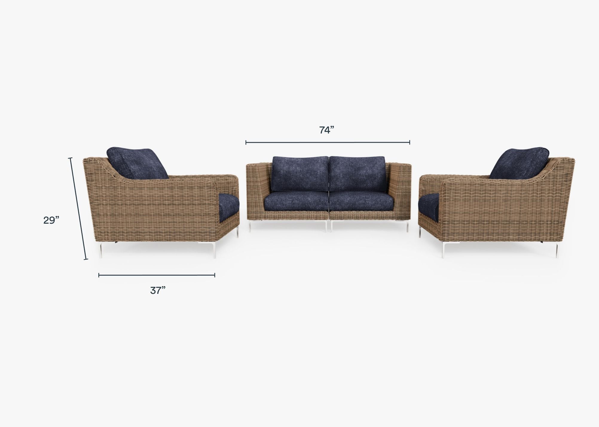 Brown Wicker Outdoor Loveseat with Armchairs - 4 Seat dimensions in inches, also listed under Dimensions and Weights. #color_deep sea navy