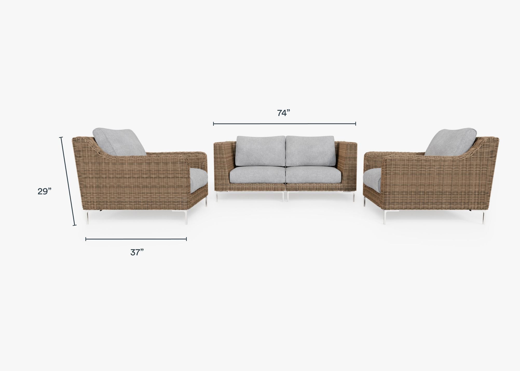 Brown Wicker Outdoor Loveseat with Armchairs - 4 Seat dimensions in inches, also listed under Dimensions and Weights. #color_pacific fog gray