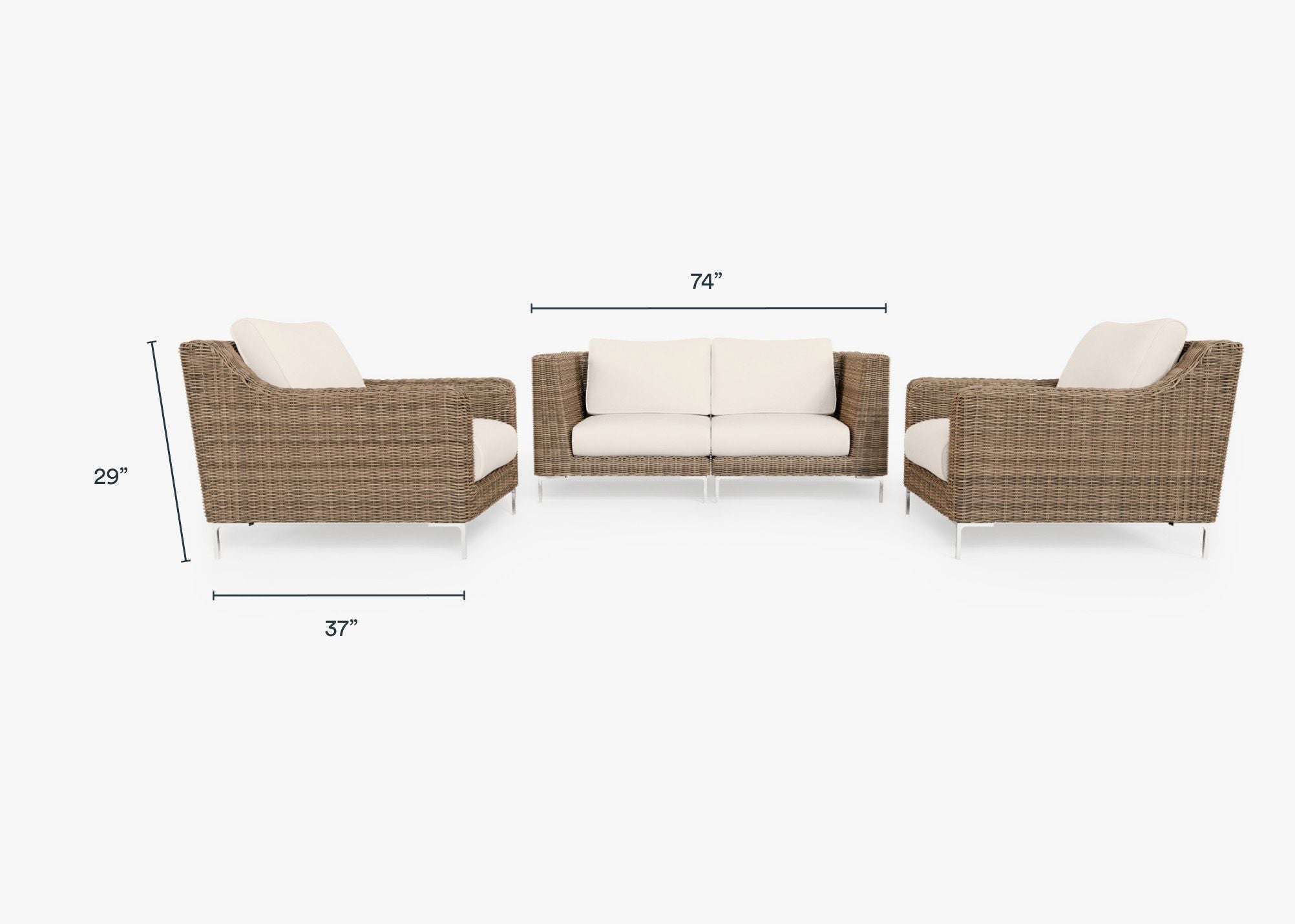 Brown Wicker Outdoor Loveseat with Armchairs - 4 Seat dimensions in inches, also listed under Dimensions and Weights. #color_palisades cream