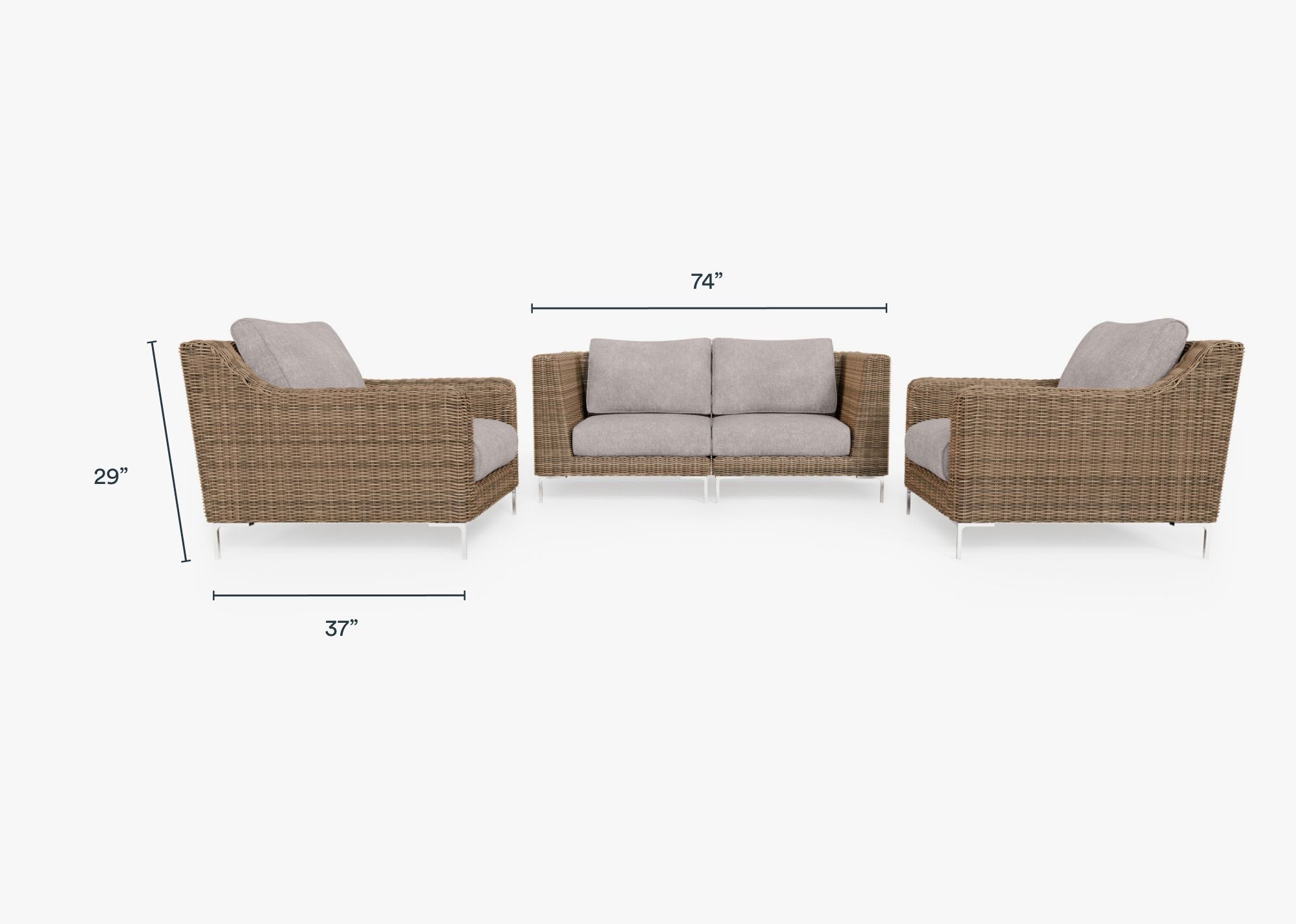 Brown Wicker Outdoor Loveseat with Armchairs - 4 Seat dimensions in inches, also listed under Dimensions and Weights. #color_sandstone gray