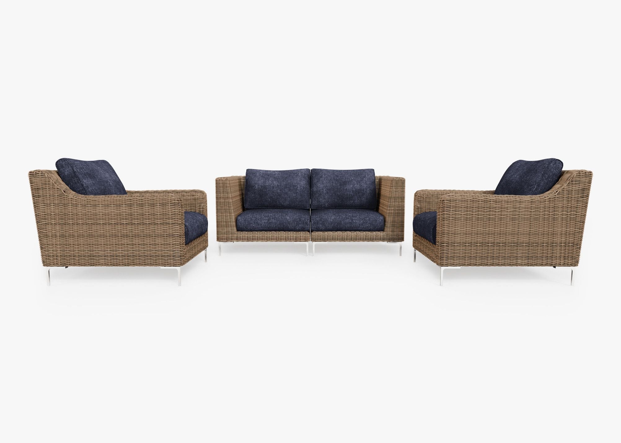 Brown Wicker Outdoor Loveseat with Armchairs - 4 Seat, front. Comfortable, durable, and weather resistant outdoor seating with memory foam. #color_deep sea navy