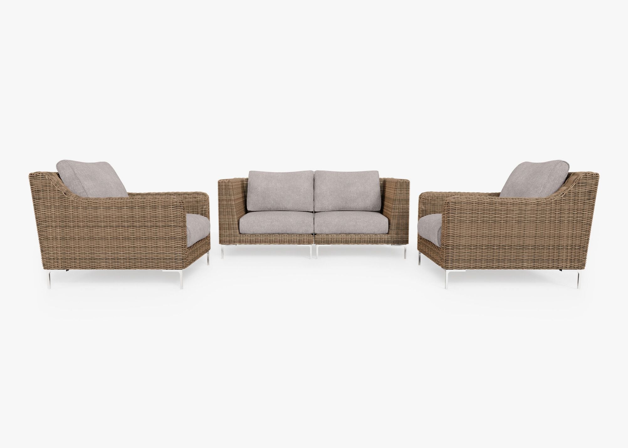 Brown Wicker Outdoor Loveseat with Armchairs - 4 Seat, front. Comfortable, durable, and weather resistant outdoor seating with memory foam. #color_sandstone gray