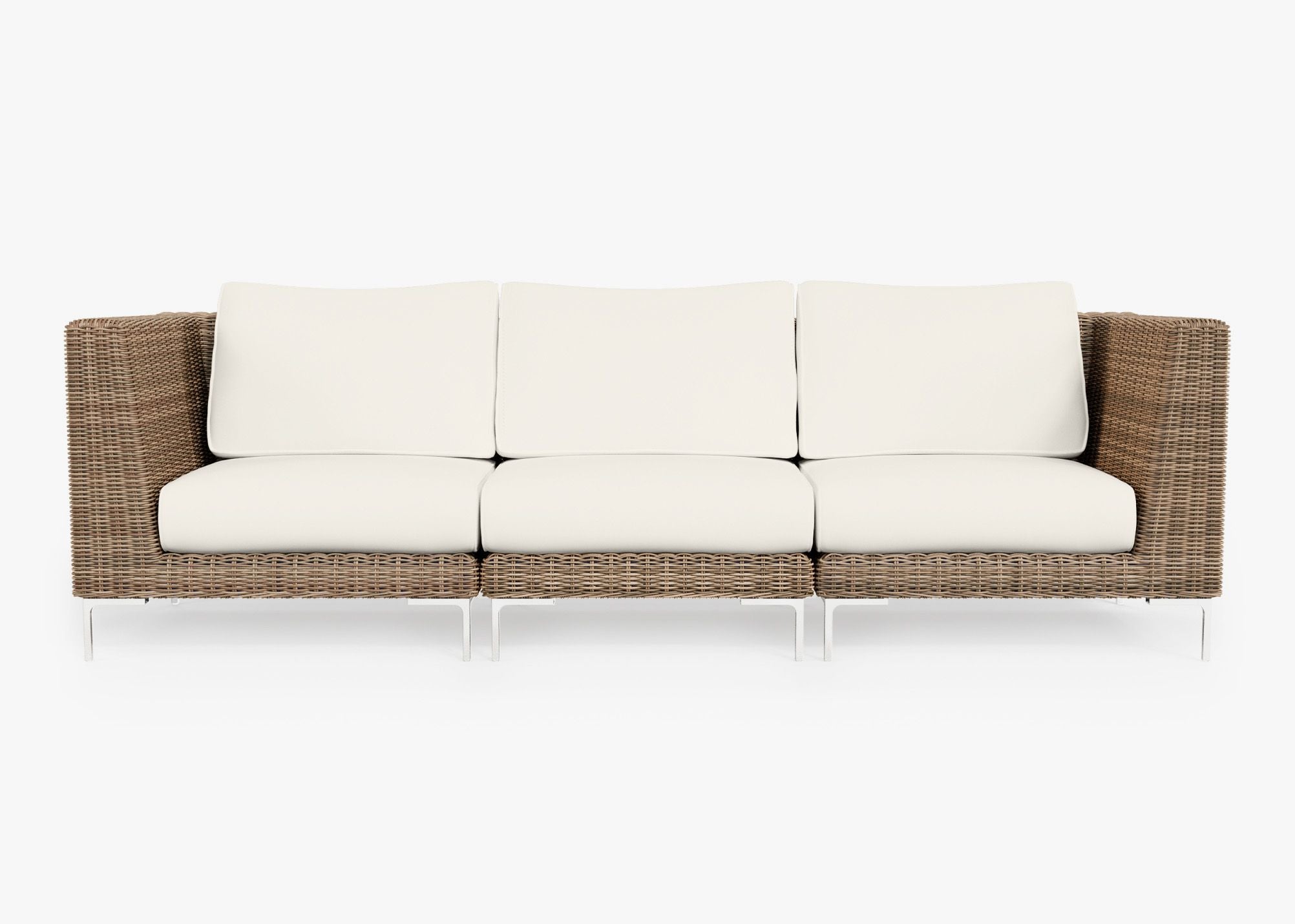 Brown Wicker Outdoor Sofa - 3 Seat, front. Comfortable, durable, and weather resistant outdoor seating with memory foam. #color_palisades cream