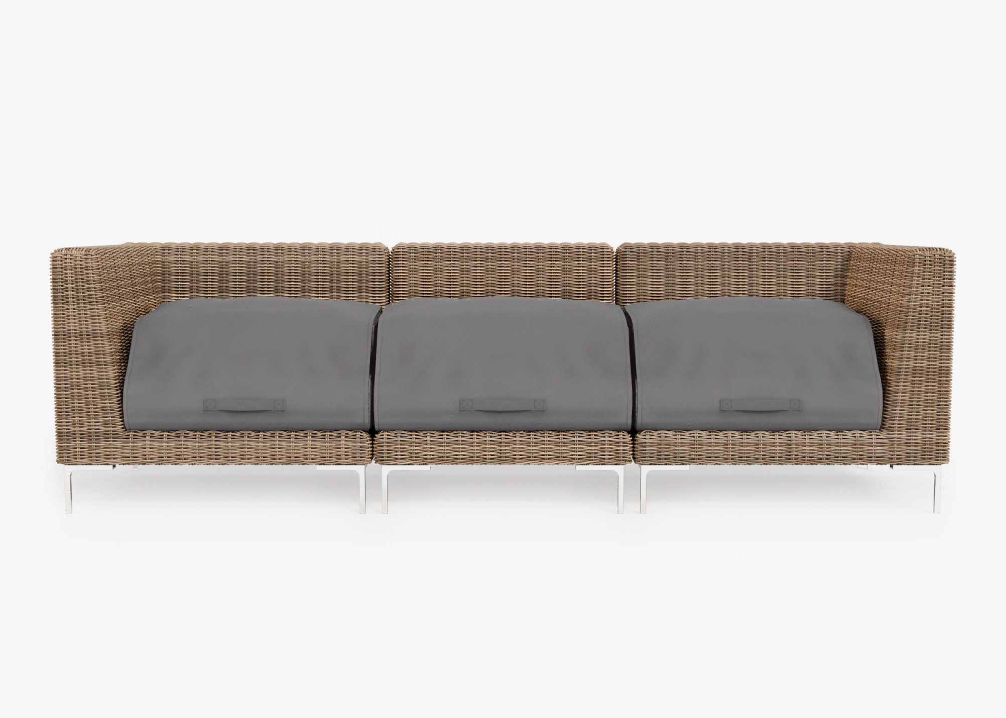 Brown Wicker Outdoor Sofa - 3 Seat shown with the OuterShell outdoor cushion cover, offering exclusive integrated protection. #color_dark pebble gray