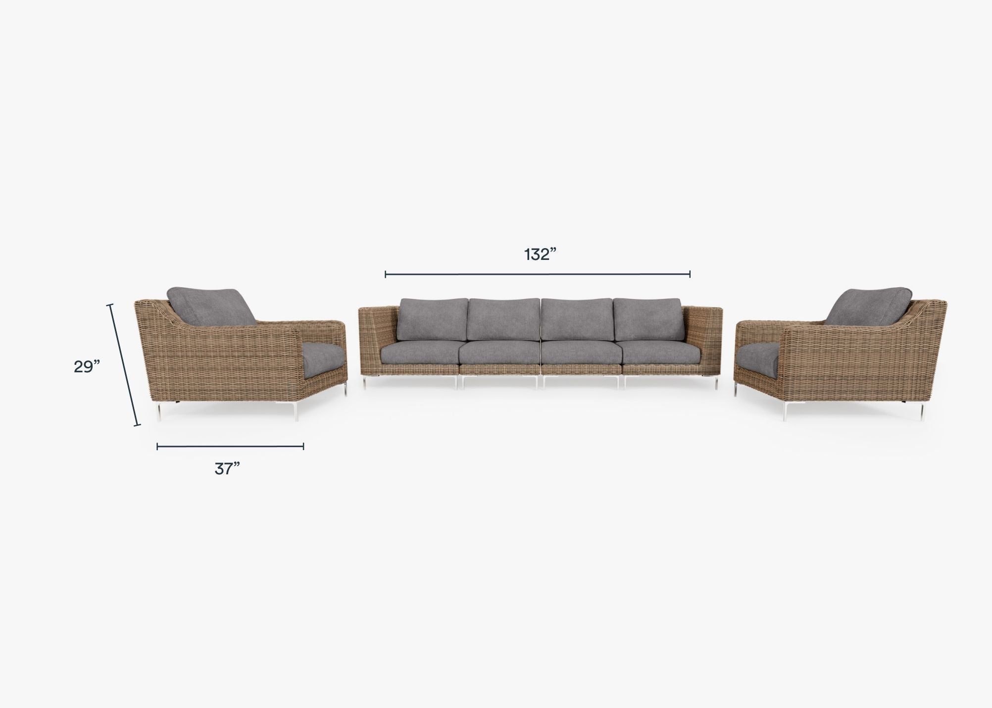Brown Wicker Outdoor Sofa with Armchairs - 6 Seat dimensions in inches, also listed under Dimensions and Weights. #color_dark pebble gray
