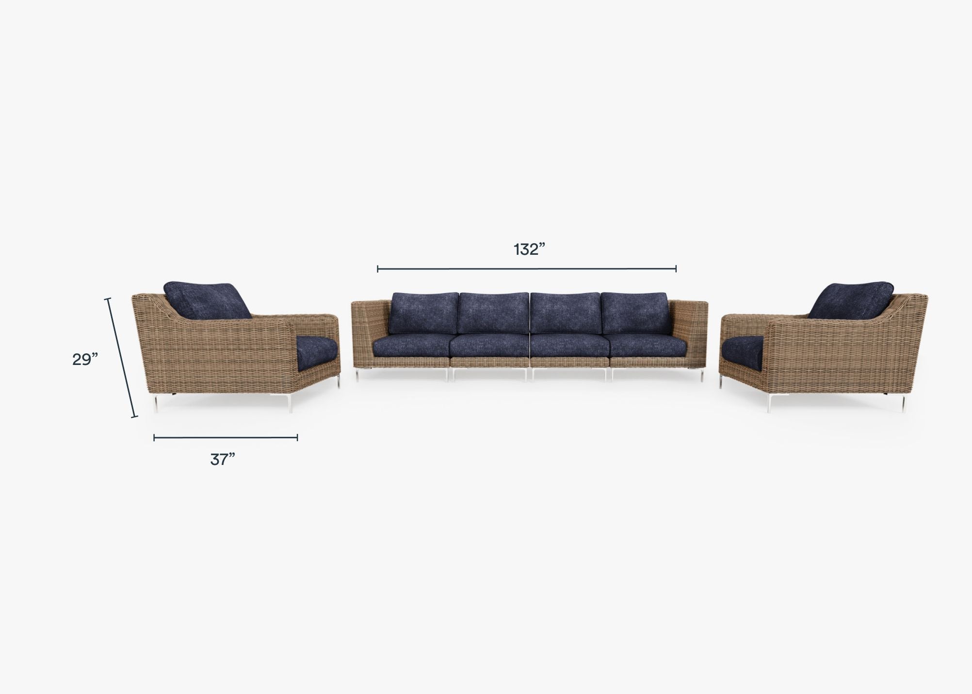 Brown Wicker Outdoor Sofa with Armchairs - 6 Seat dimensions in inches, also listed under Dimensions and Weights. #color_deep sea navy