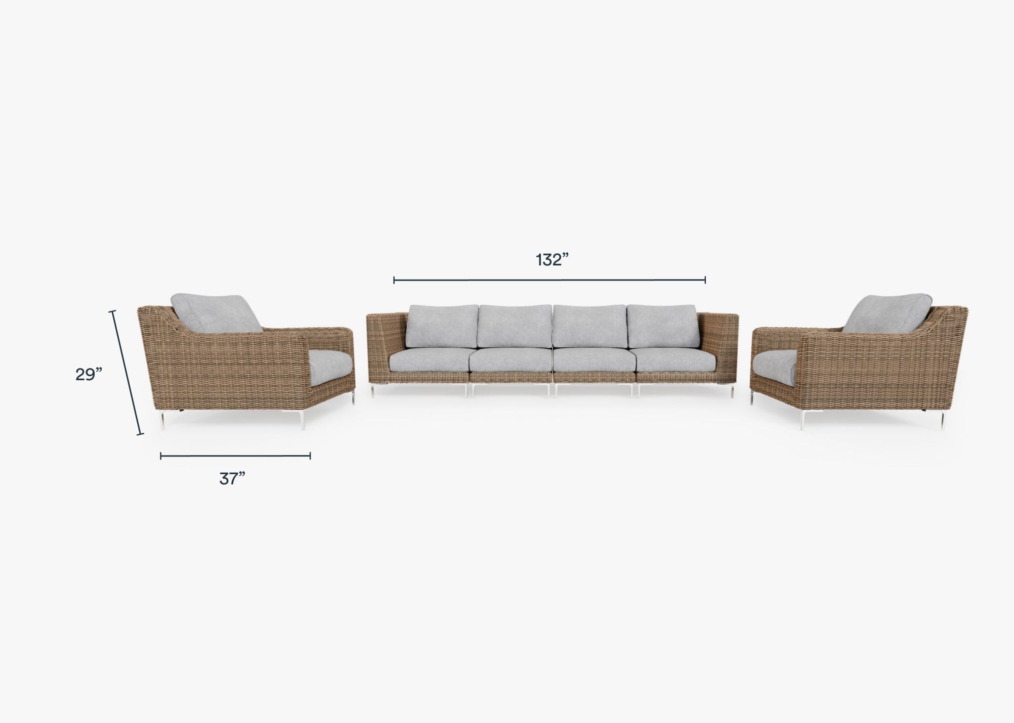 Brown Wicker Outdoor Sofa with Armchairs - 6 Seat dimensions in inches, also listed under Dimensions and Weights. #color_pacific fog gray