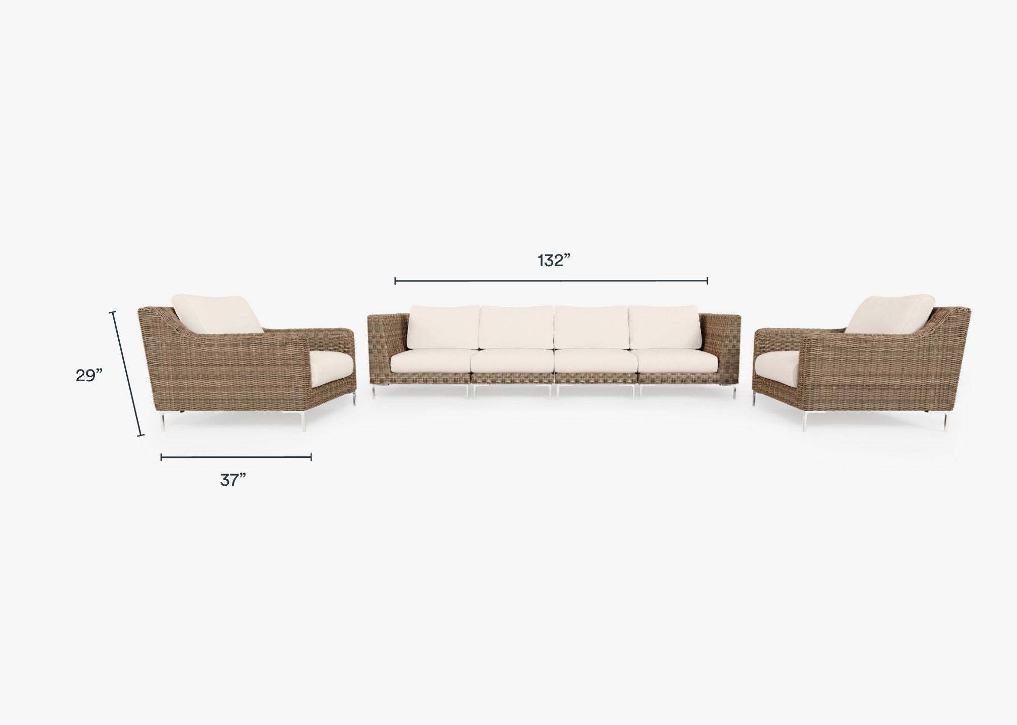 Brown Wicker Outdoor Sofa with Armchairs - 6 Seat dimensions in inches, also listed under Dimensions and Weights. #color_palisades cream