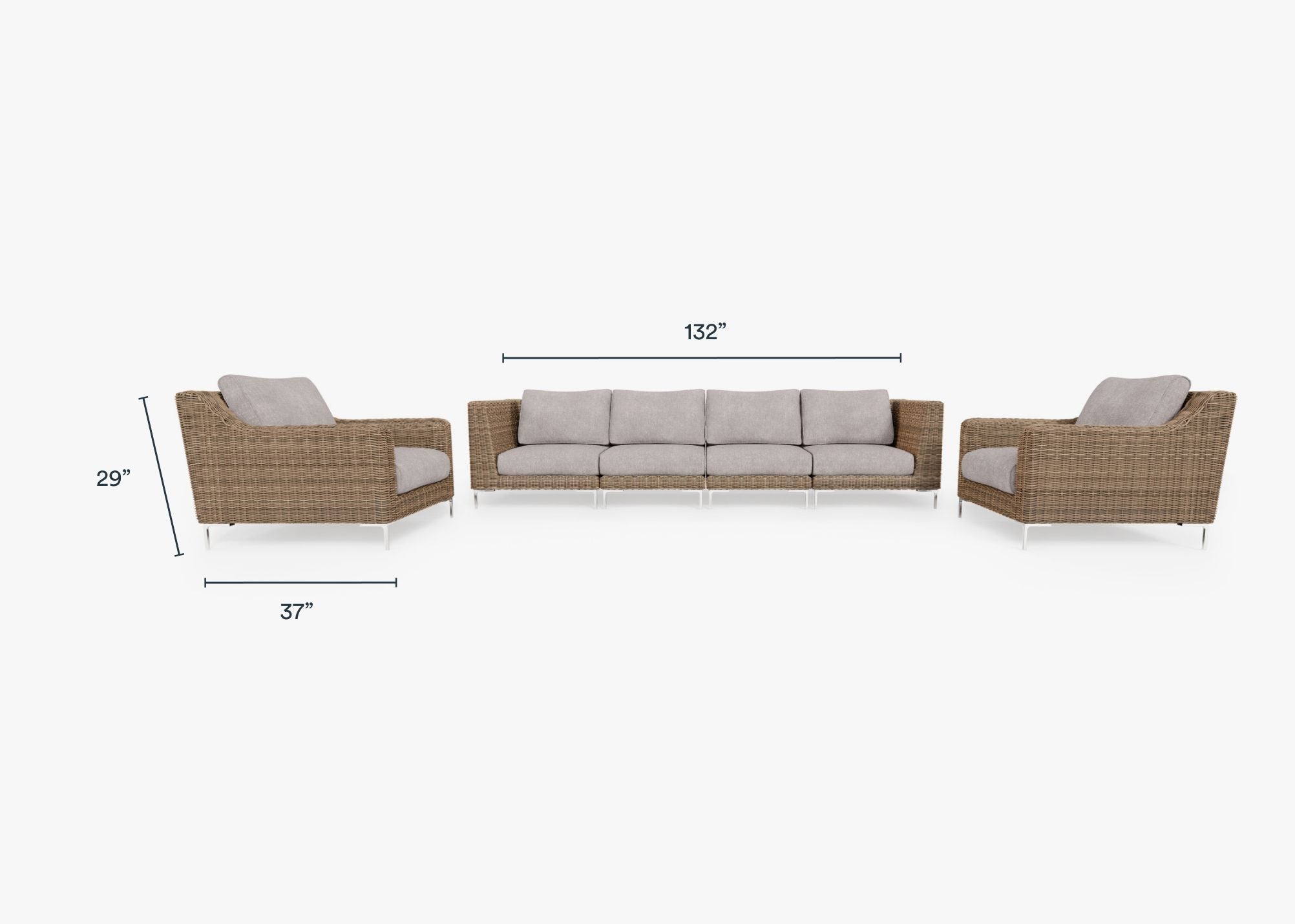 Brown Wicker Outdoor Sofa with Armchairs - 6 Seat dimensions in inches, also listed under Dimensions and Weights. #color_sandstone gray