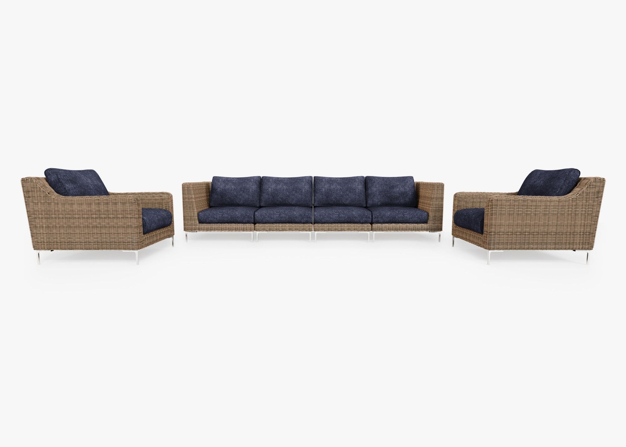 Brown Wicker Outdoor Sofa with Armchairs - 6 Seat, front. Comfortable, durable, and weather resistant outdoor seating with memory foam. #color_deep sea navy