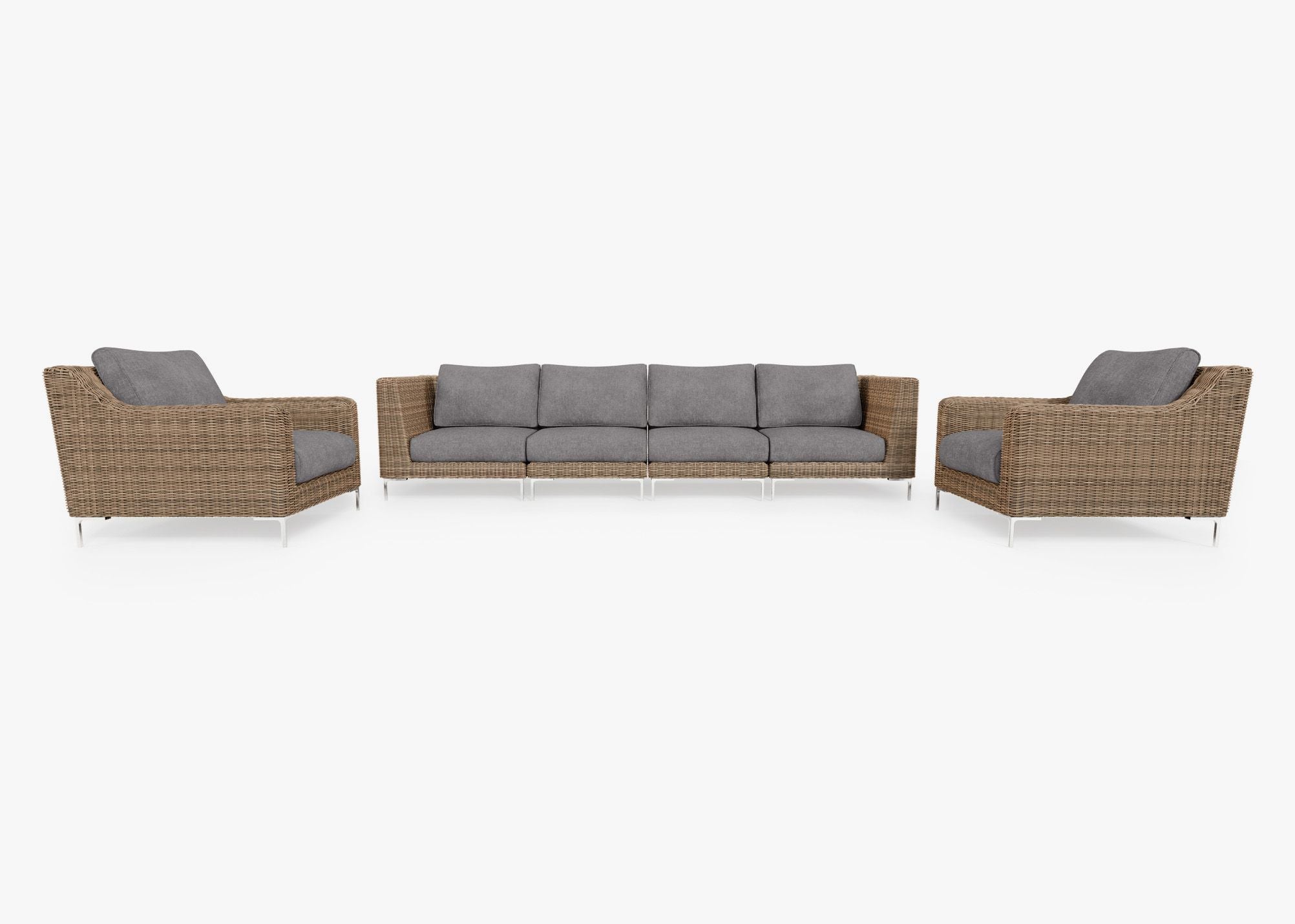 Brown Wicker Outdoor Sofa with Armchairs - 6 Seat, front. Comfortable, durable, and weather resistant outdoor seating with memory foam. #color_dark pebble gray
