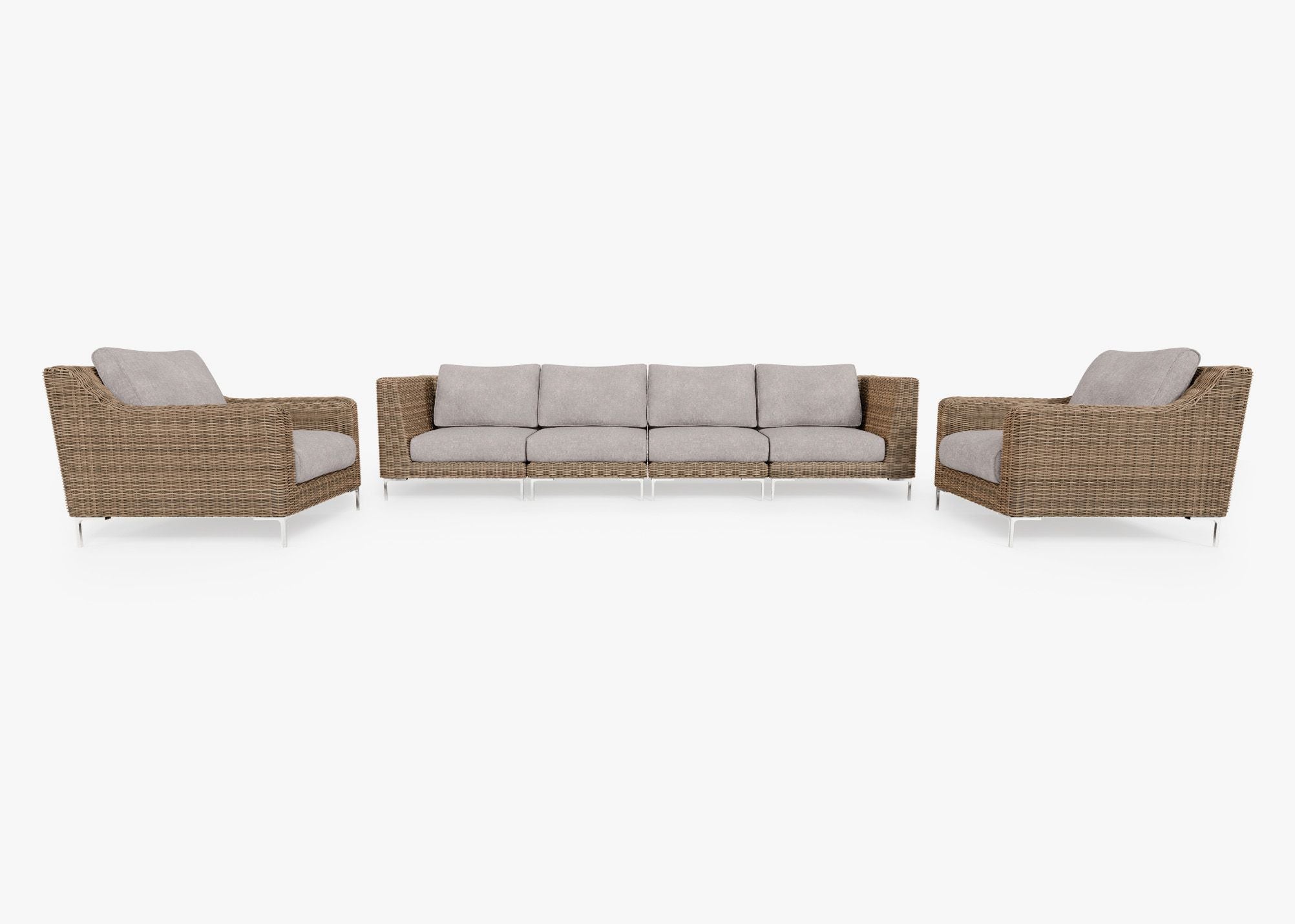Brown Wicker Outdoor Sofa with Armchairs - 6 Seat, front. Comfortable, durable, and weather resistant outdoor seating with memory foam. #color_sandstone gray