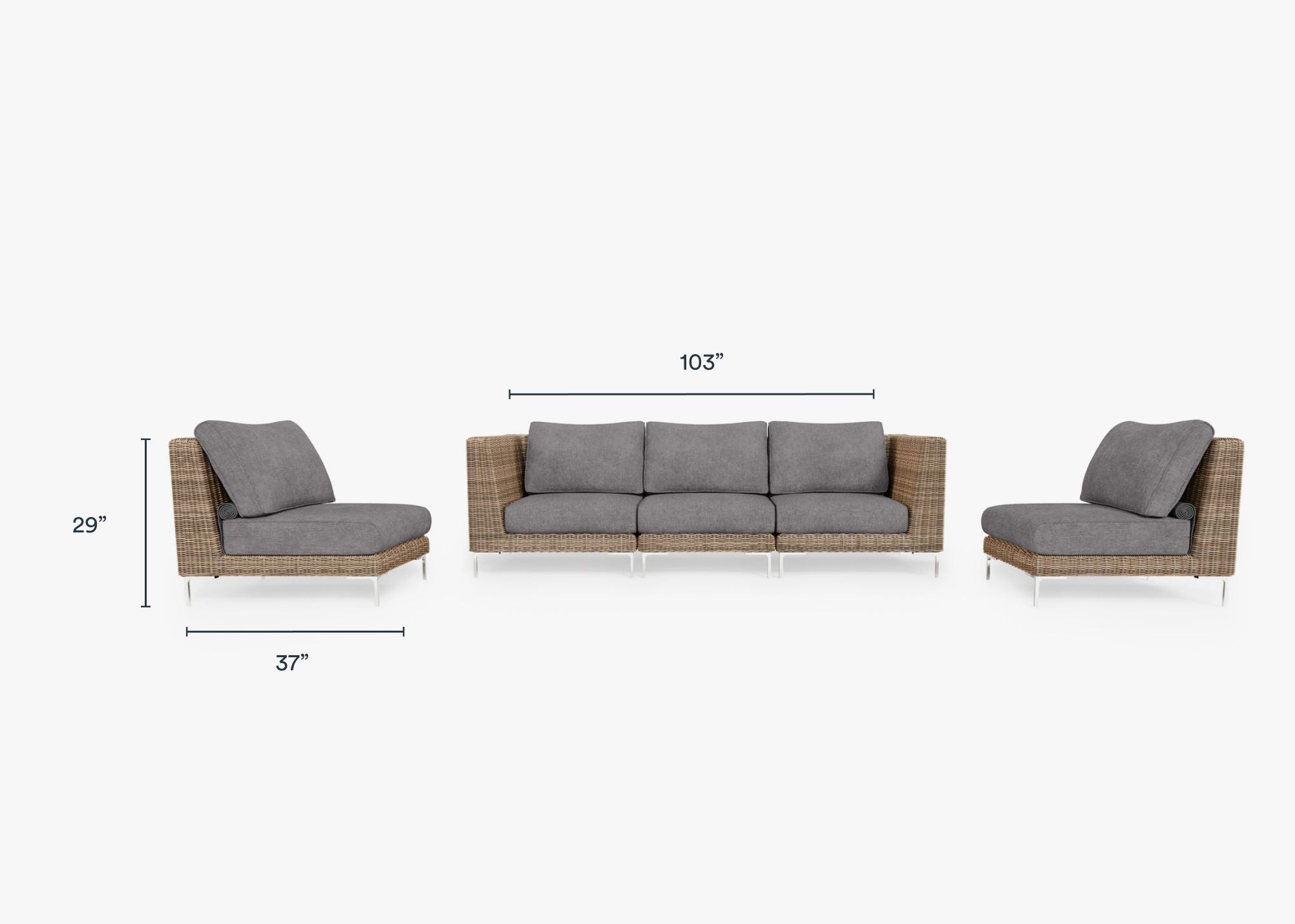 Brown Wicker Outdoor Sofa with Armless Chairs - 5 Seat dimensions in inches, also listed under Dimensions and Weights. #color_dark pebble gray