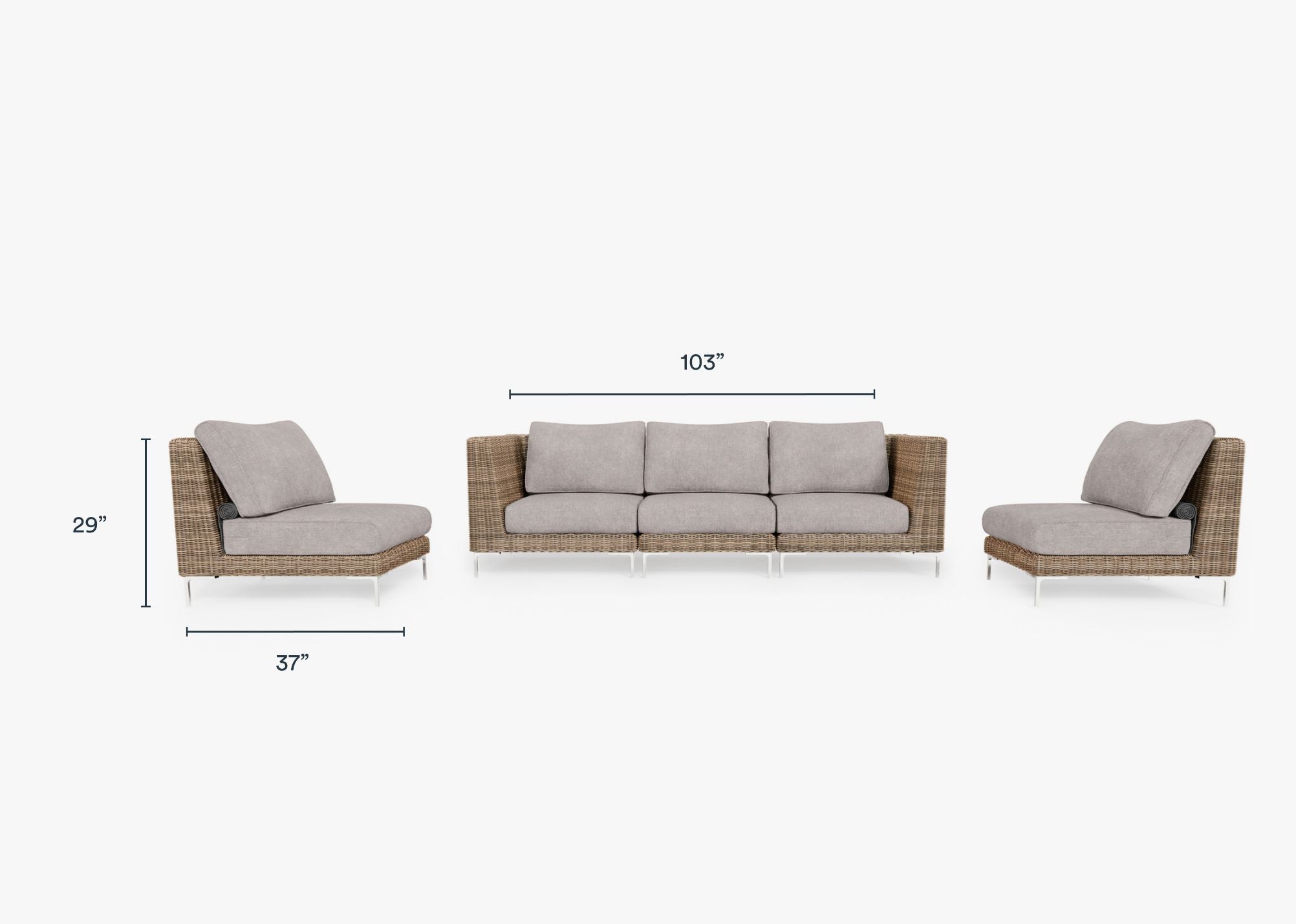 Brown Wicker Outdoor Sofa with Armless Chairs - 5 Seat dimensions in inches, also listed under Dimensions and Weights. #color_sandstone gray