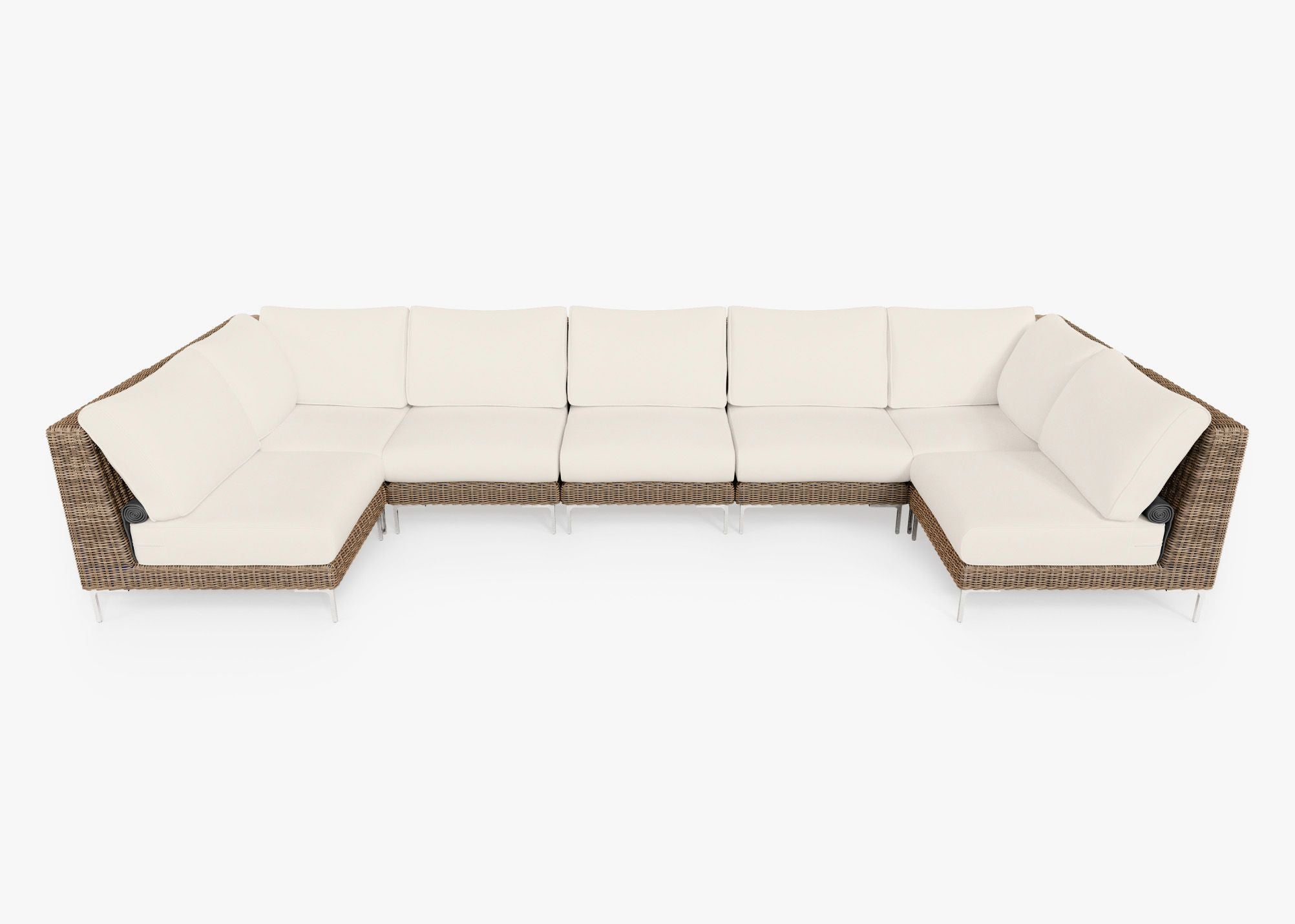 Brown Wicker Outdoor U Sectional - 7 Seat, front. Comfortable, durable, and weather resistant outdoor seating with memory foam. #color_palisades cream