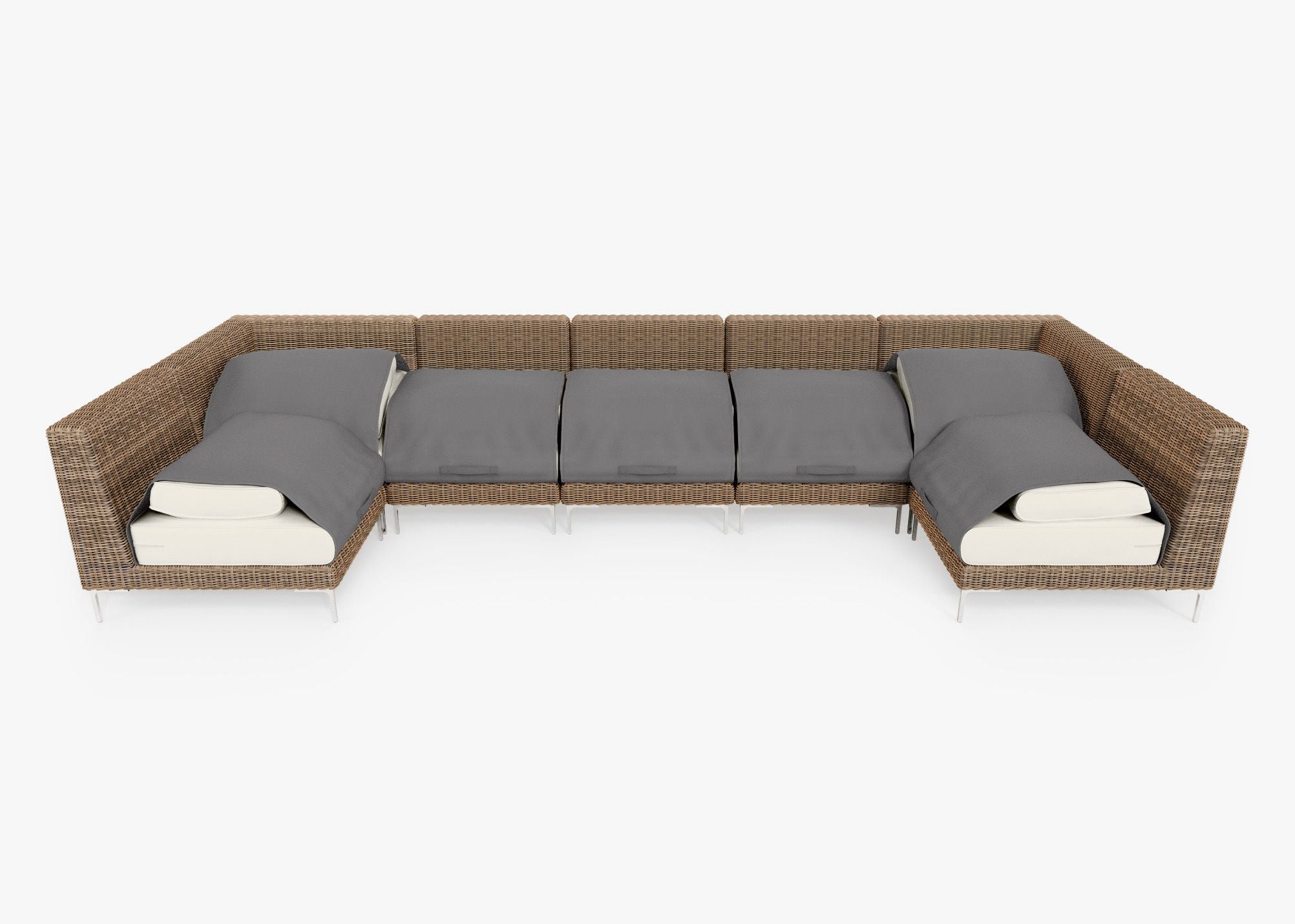 Brown Wicker Outdoor U Sectional - 7 Seat shown with the OuterShell outdoor cushion cover, offering exclusive integrated protection. #color_palisades cream