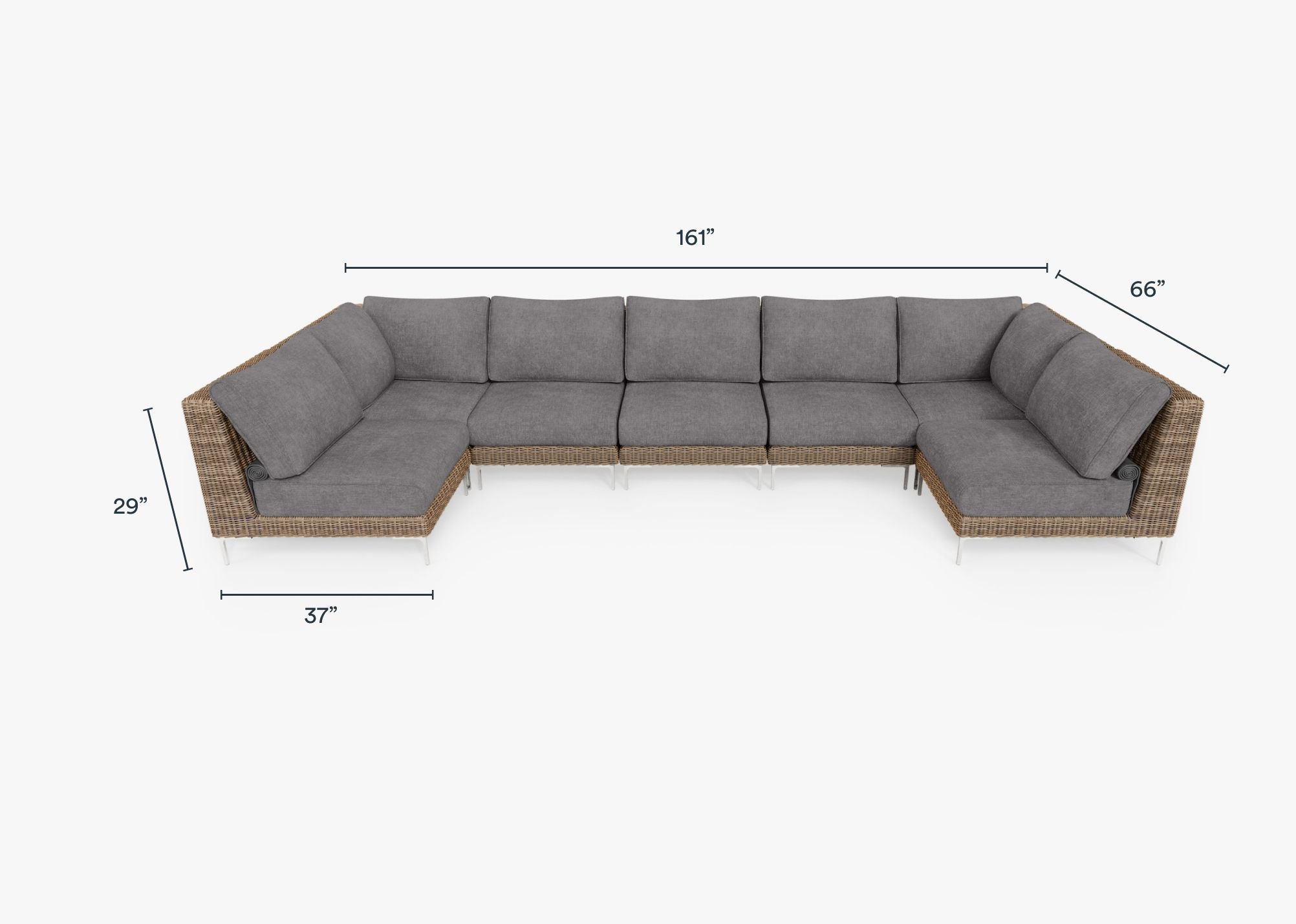 Brown Wicker Outdoor U Sectional - 7 Seat dimensions in inches, also listed under Dimensions and Weights. #color_dark pebble gray