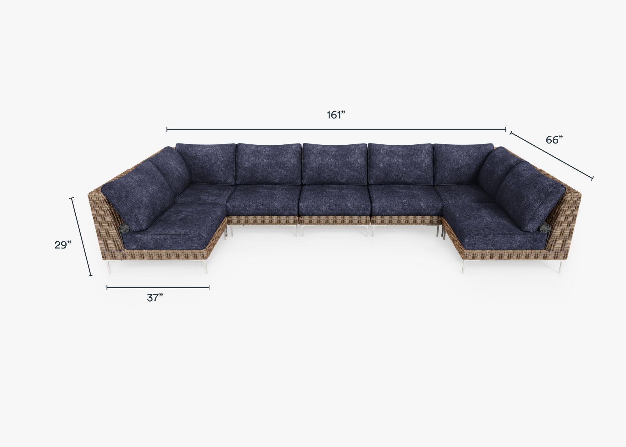 Brown Wicker Outdoor U Sectional - 7 Seat dimensions in inches, also listed under Dimensions and Weights. #color_deep sea navy
