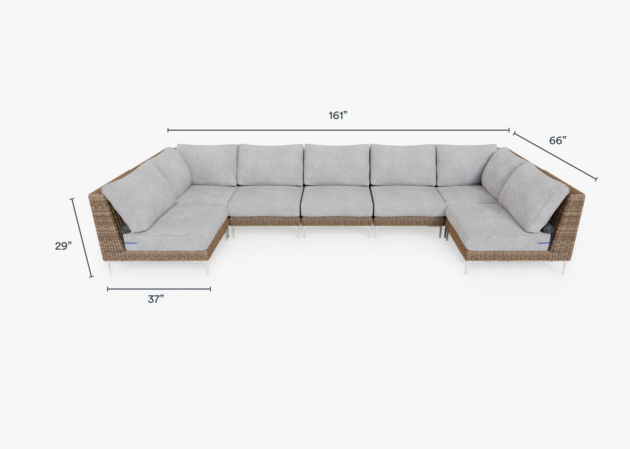 Brown Wicker Outdoor U Sectional - 7 Seat dimensions in inches, also listed under Dimensions and Weights. #color_pacific fog gray