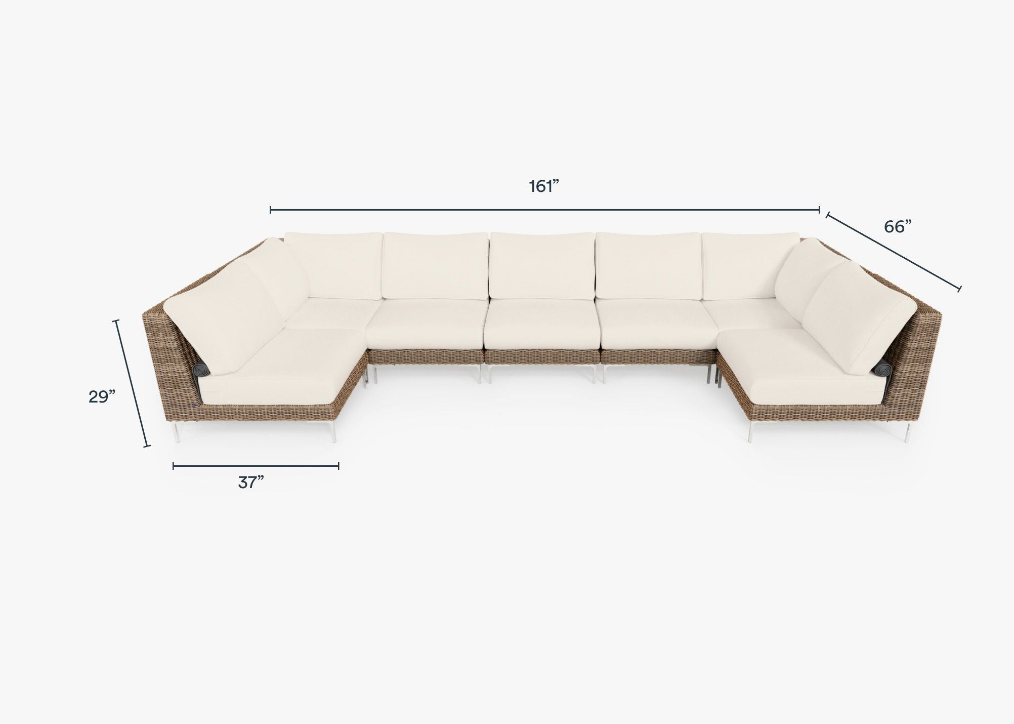 Brown Wicker Outdoor U Sectional - 7 Seat dimensions in inches, also listed under Dimensions and Weights. #color_palisades cream
