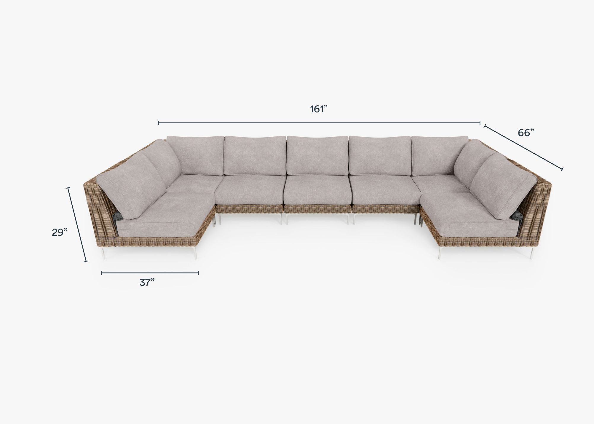 Brown Wicker Outdoor U Sectional - 7 Seat dimensions in inches, also listed under Dimensions and Weights. #color_sandstone gray