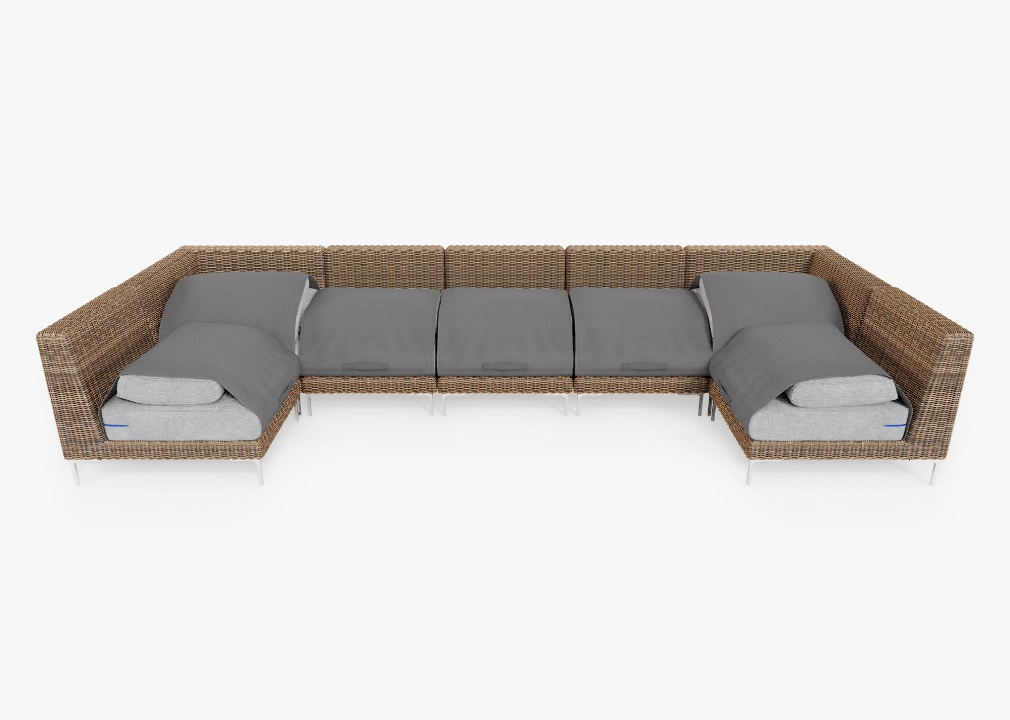 Brown Wicker Outdoor U Sectional - 7 Seat shown with the OuterShell outdoor cushion cover, offering exclusive integrated protection. #color_pacific fog gray