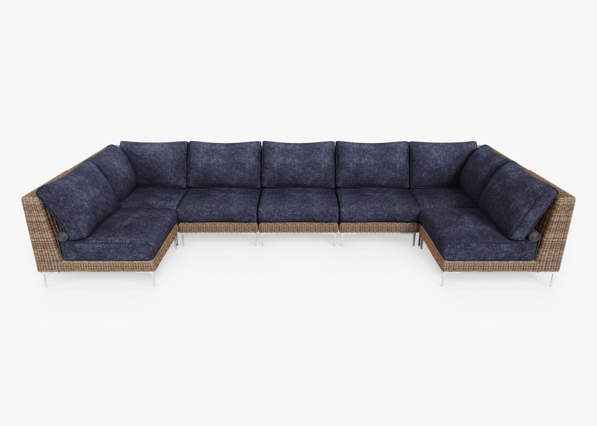 Brown Wicker Outdoor U Sectional - 7 Seat, front. Comfortable, durable, and weather resistant outdoor seating with memory foam. #color_deep sea navy
