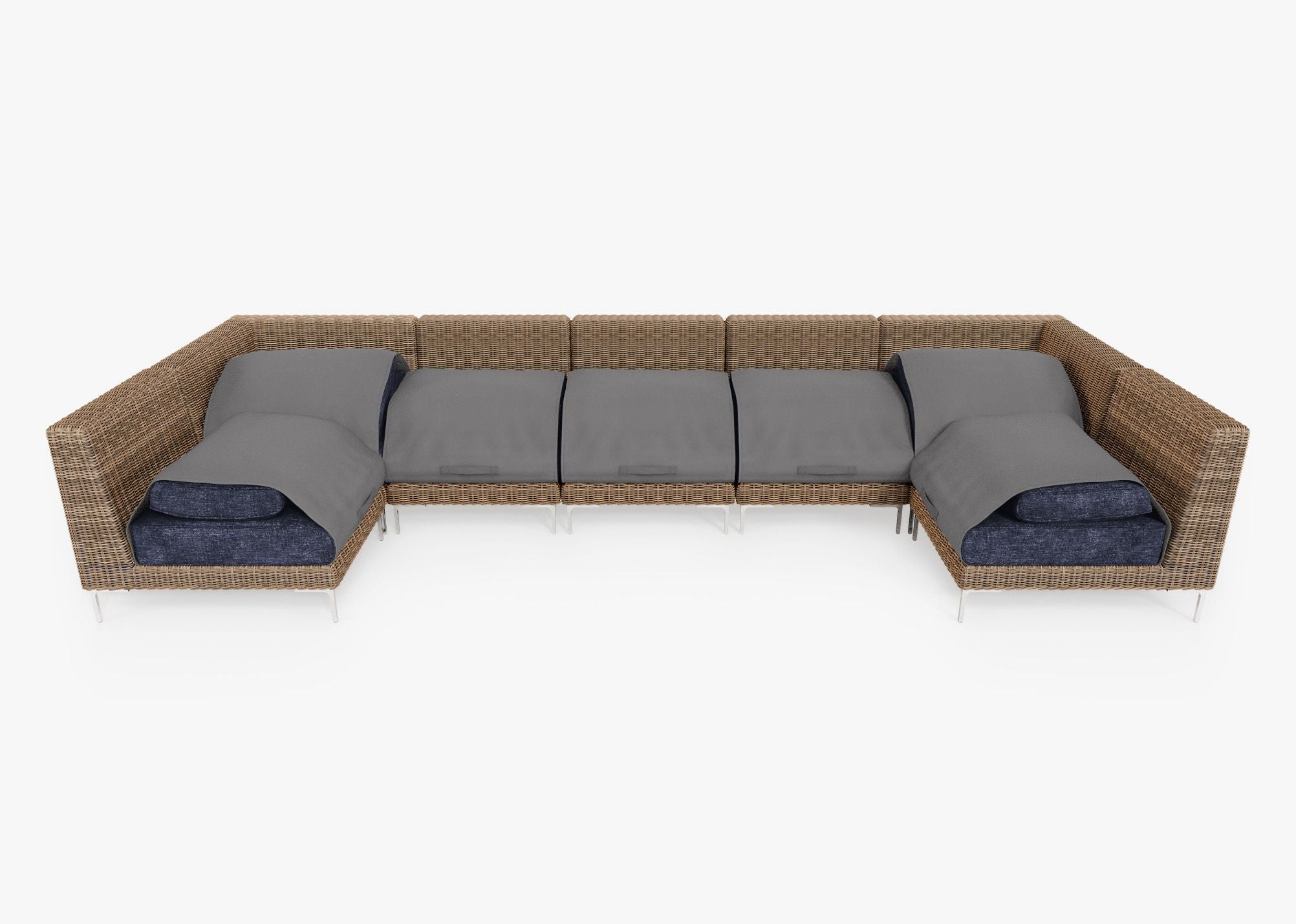 Brown Wicker Outdoor U Sectional - 7 Seat shown with the OuterShell outdoor cushion cover, offering exclusive integrated protection. #color_deep sea navy
