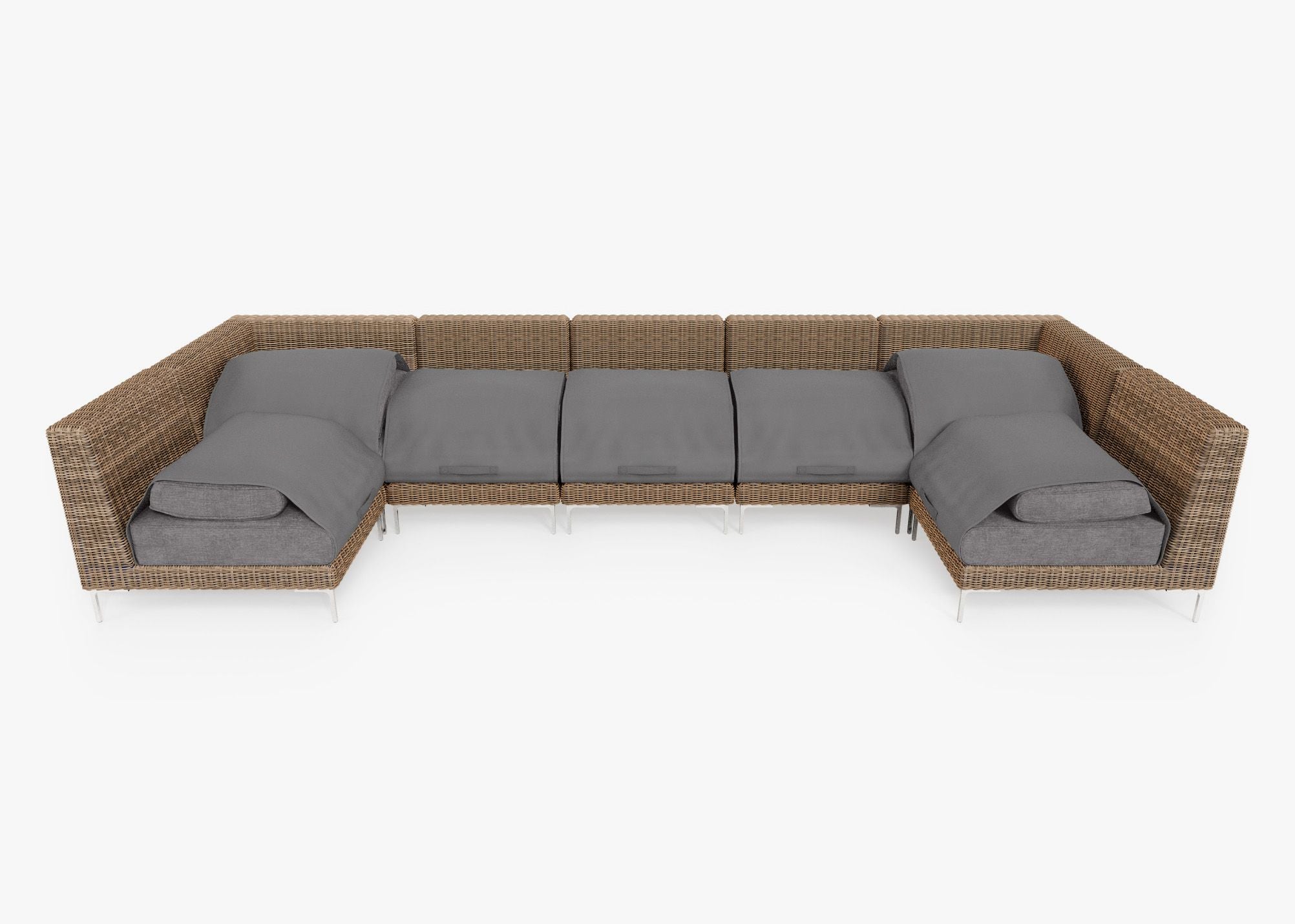 Brown Wicker Outdoor U Sectional - 7 Seat shown with the OuterShell outdoor cushion cover, offering exclusive integrated protection. #color_dark pebble gray