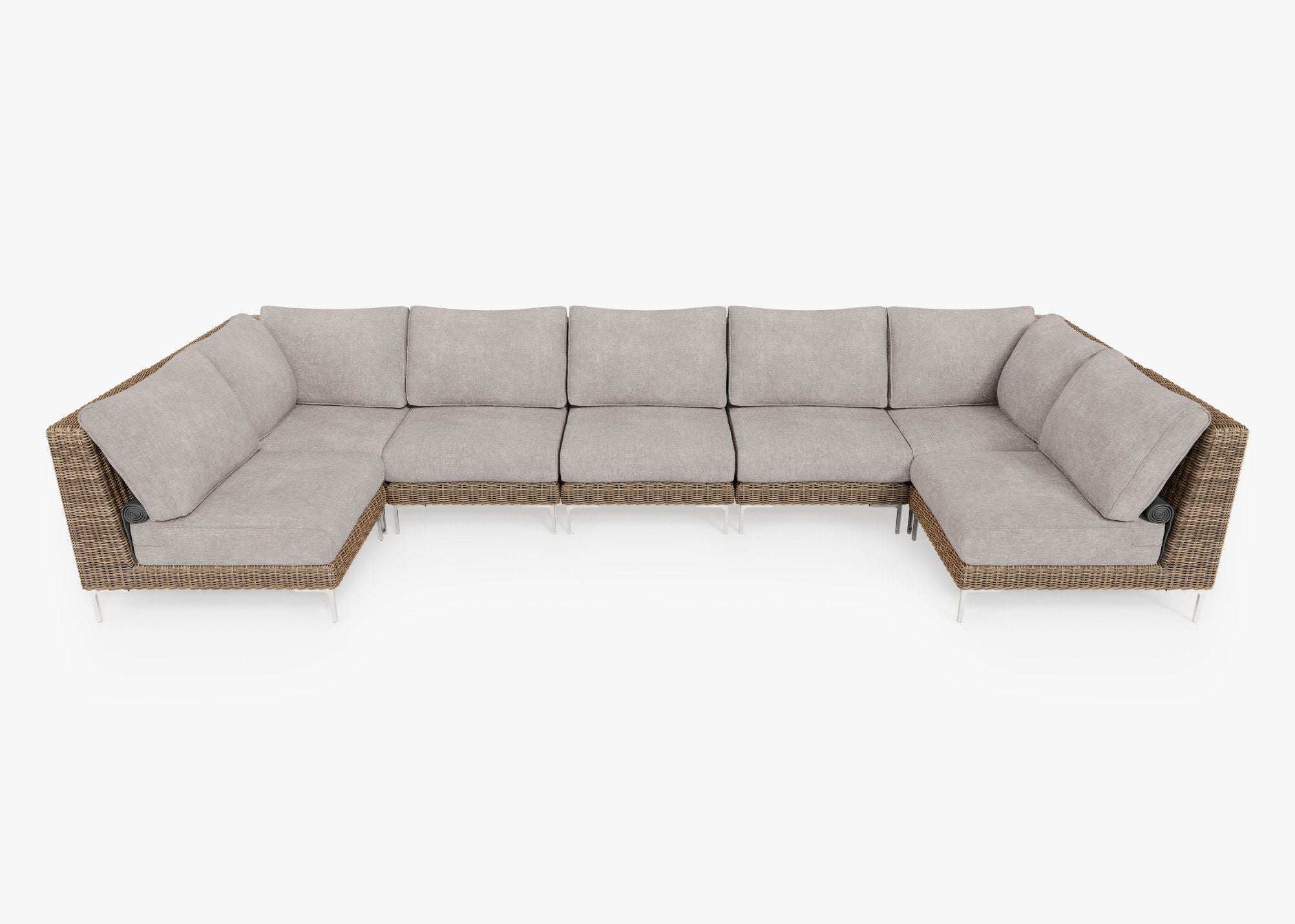 Brown Wicker Outdoor U Sectional - 7 Seat, front. Comfortable, durable, and weather resistant outdoor seating with memory foam. #color_sandstone gray