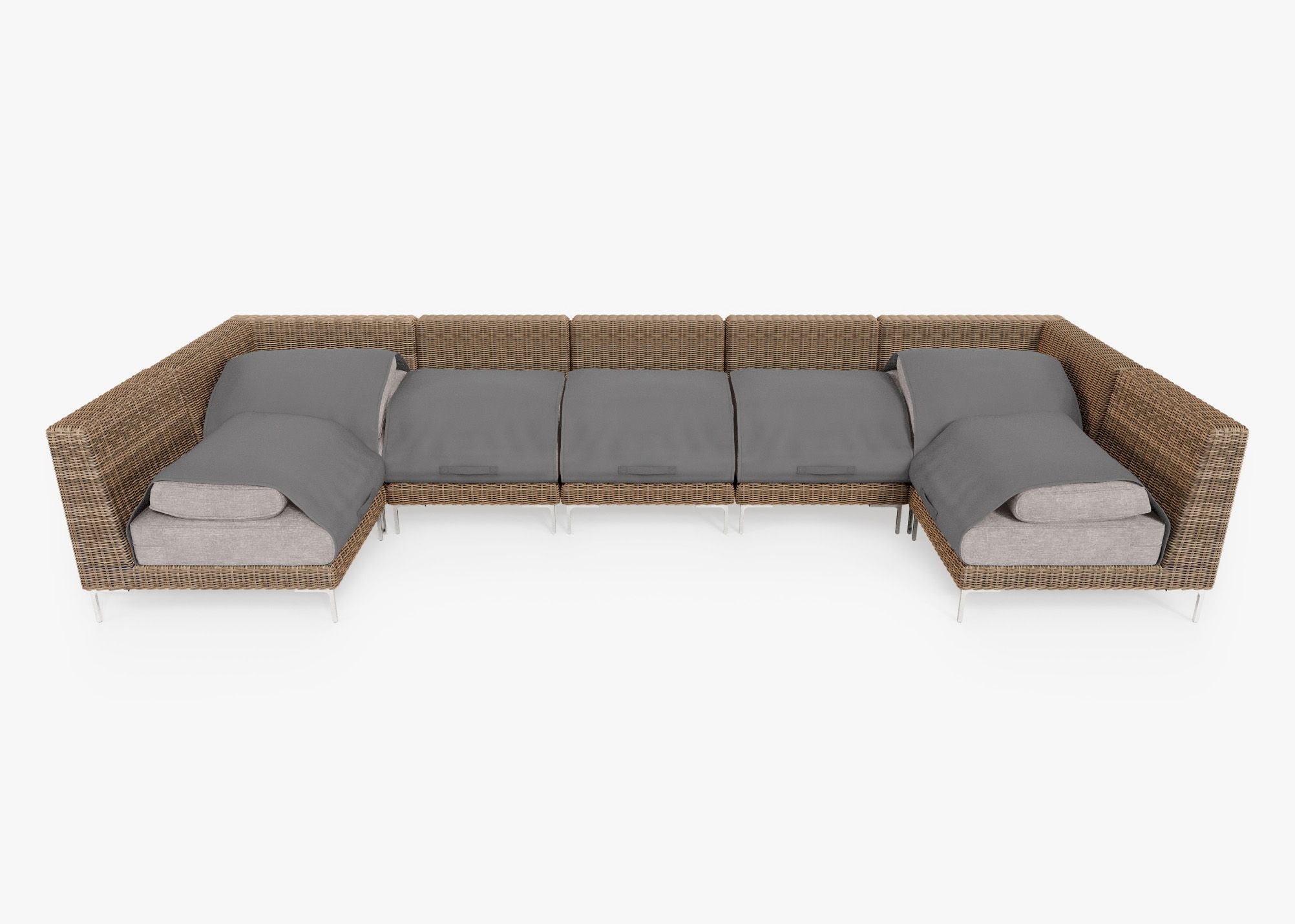 Brown Wicker Outdoor U Sectional - 7 Seat shown with the OuterShell outdoor cushion cover, offering exclusive integrated protection. #color_sandstone gray
