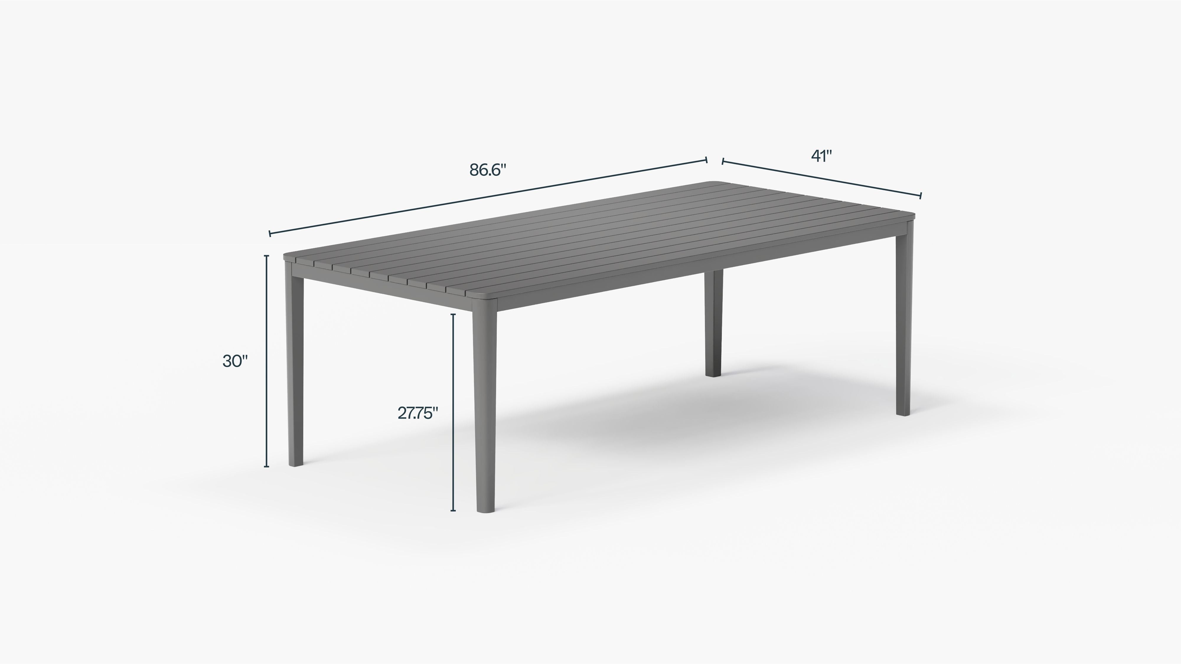 The Charcoal Aluminum Outdoor Dining Table, dimensions in inches. #color_charcoal